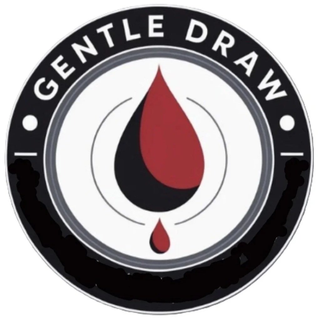 Logo for Gentle Draw featuring a stylized drop of blood with a smaller blood droplet beneath it, surrounded by the text "Gentle Draw".