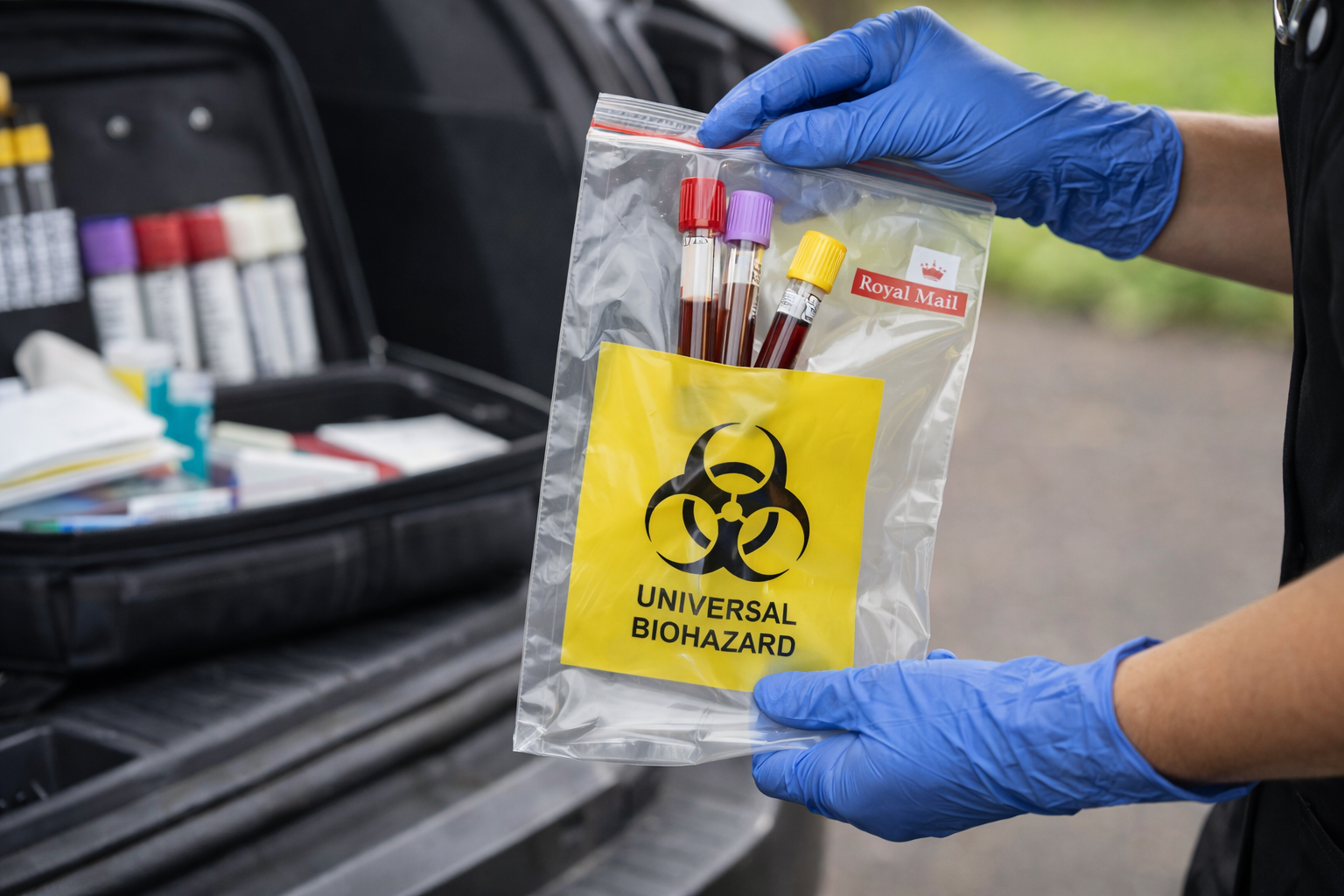 Person wearing blue gloves holding a biohazard bag with blood samples, labeled 'Universal Biohazard', outdoors with medical supply kit open in background.