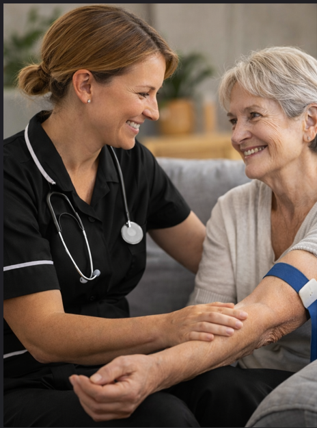 A nurse comforting an elderly woman in a medical setting.