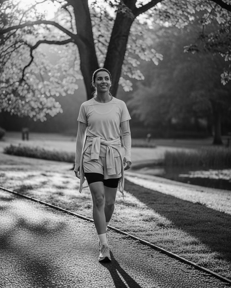 A woman walking on a path in a park, smiling, with trees and a pond in the background, black and white photo.