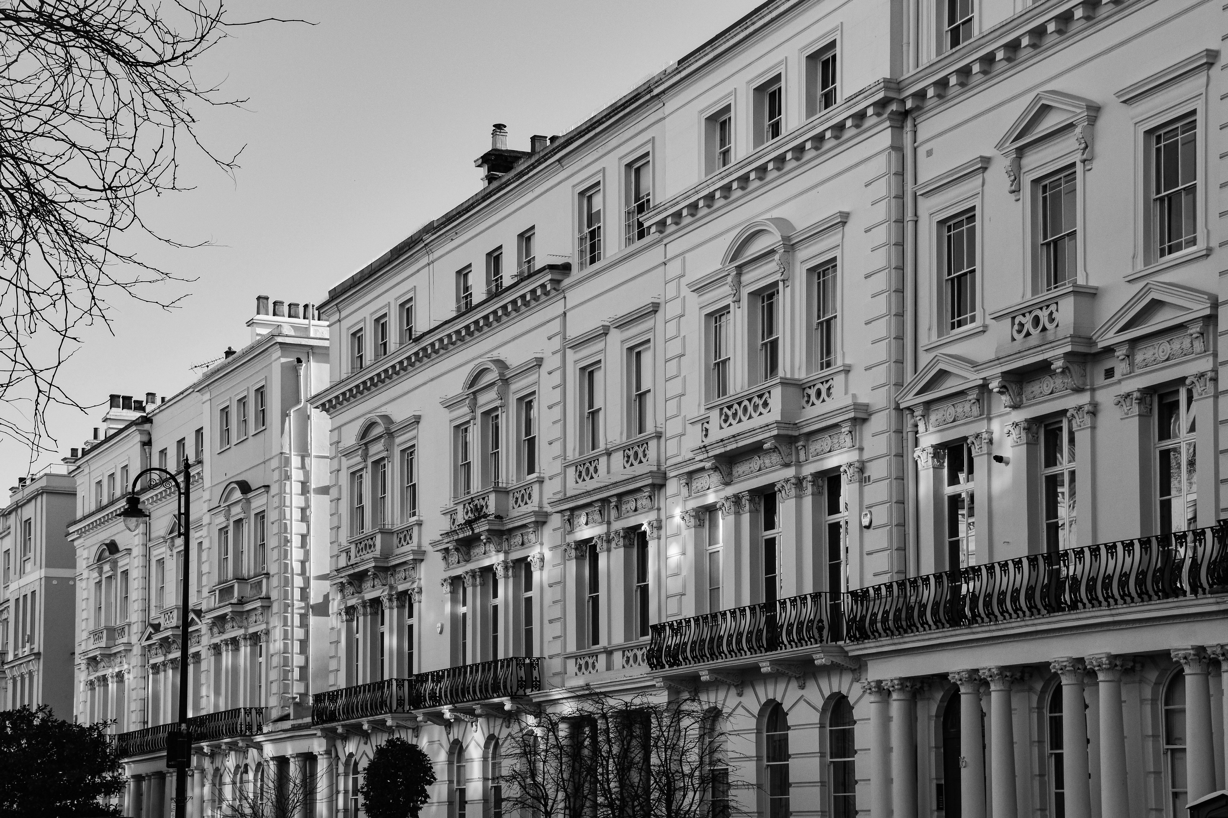 Black and white photo of a row of ornate, multi-story residential buildings with decorative window trims, balconies, and detailed cornices, under a clear sky with a bare tree branch in the upper left corner.