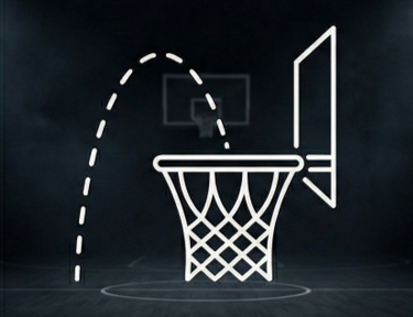 Line drawing of a basketball hoop and backboard on a dark background