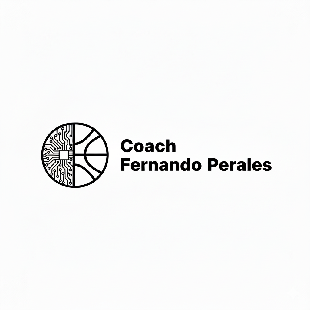 A logo with a basketball and circuit board design to the left of the text 'Coach Fernando Perales' in bold black font.