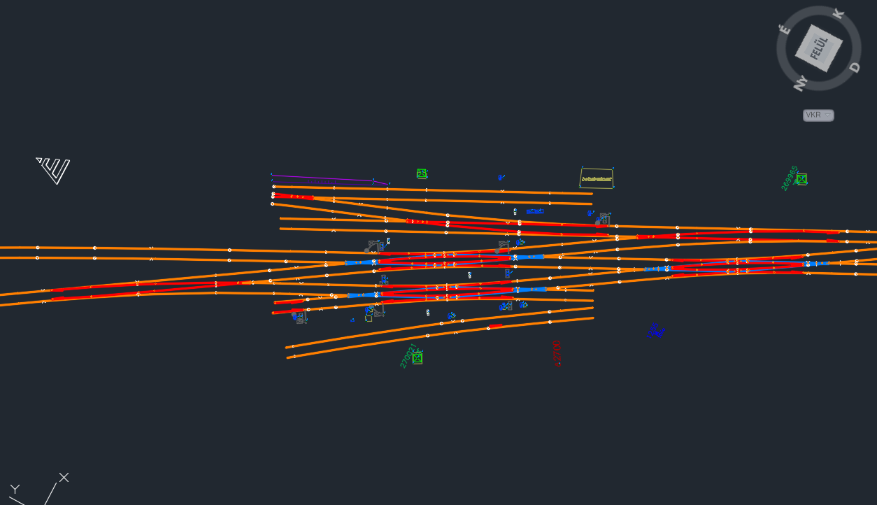 Vasúttervezési alaptérkép vágánygeometriával és kapcsolódó műszaki elemekkel
