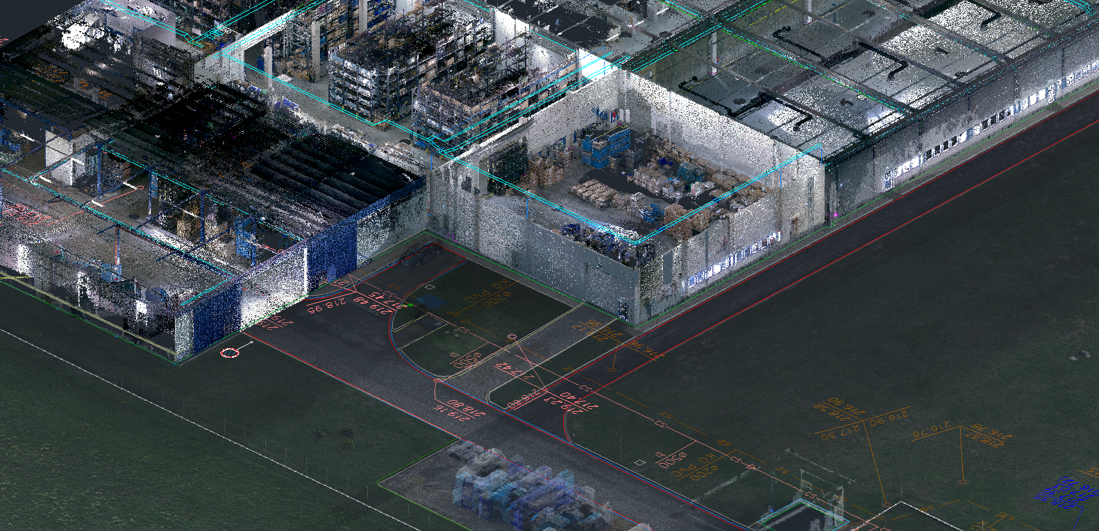 Gyárépület közműhálózatának 3D alapú térképezése lézerszkenneléssel és geodéziai felméréssel, meglévő közművek pontos nyilvántartásához.