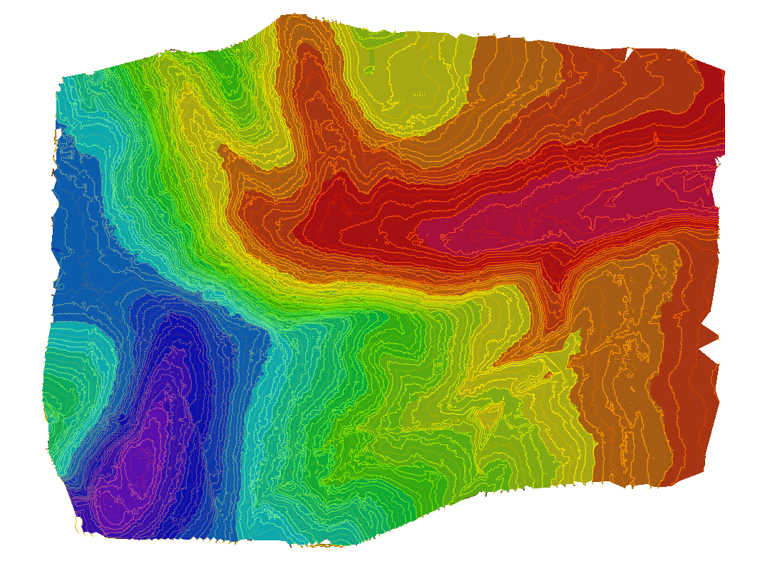 Külterületi szőlőterület domborzati térképe szintvonalas és magassági színezésű megjelenítésben