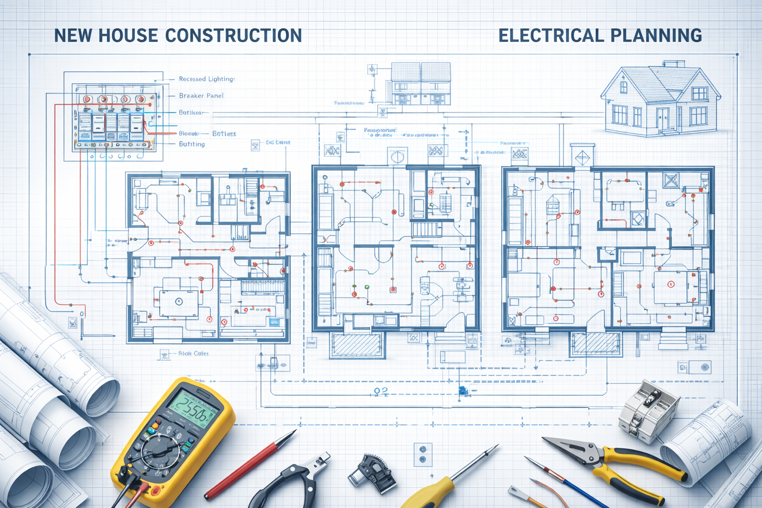 Újépítésű családi ház villamos hálózatának tervezése és kivitelezése tervrajz alapján, modern és szabványos megoldásokkal
