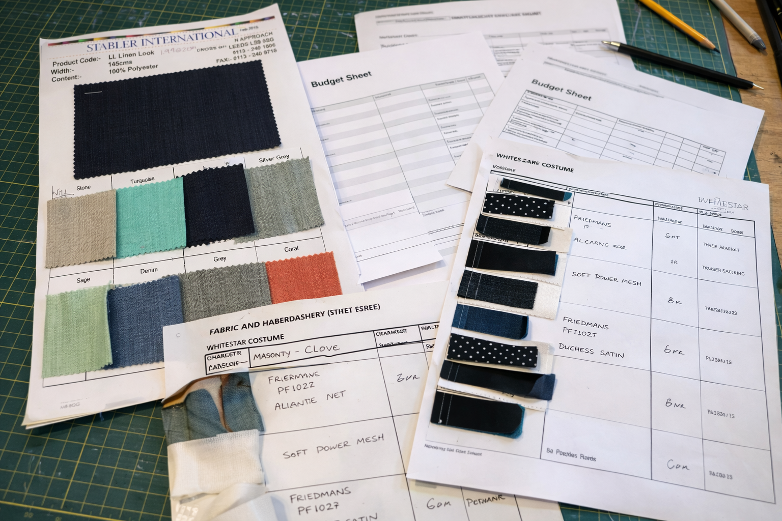Fabric samples including dark navy, turquoise, grey, beige, denim, grey, coral, and sage color swatches, along with several sheets of paper with budget and costume design notes, and swatches of black and white fabric with various textures, on a green cutting mat with quilting rulers and pens.