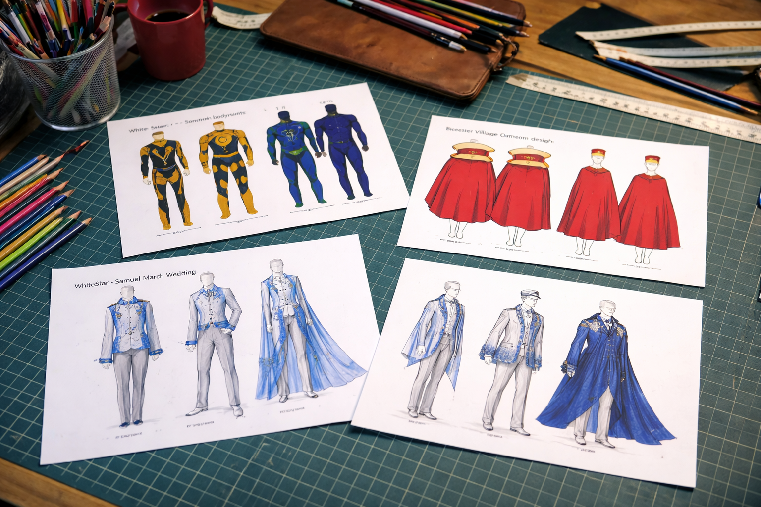 Design sketches of costumes for characters, featuring four different outfit concepts. The sketches show detailed clothing with labels, laid out on a green cutting mat with drawing tools, rulers, and supplies nearby.