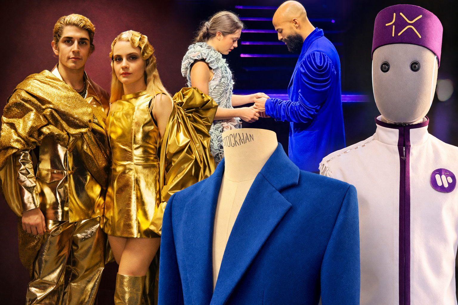 Fashion display with two models dressed in gold outfits, a mannequin with a blue blazer, a white mannequin with purple accents, and a puppet with a purple hat, with two people exchanging rings in the background. 1X, NYBG, Hunger games on stage.