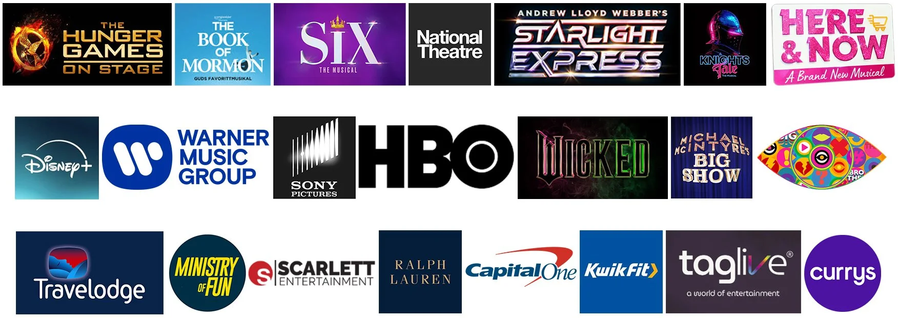 A collage of various entertainment logos, including 'The Hunger Games on Stage', 'The Book of Mormon', 'Six the Musical', 'National Theatre', 'Starlight Express', 'Knights Tale', 'Here & Now', Disney+, Warner Music Group, HBO, Sony Pictures, 'Wicked', 'Michael McIntyre's Big Show', 'Theatre Eye', and others from travel, entertainment, and financial services.