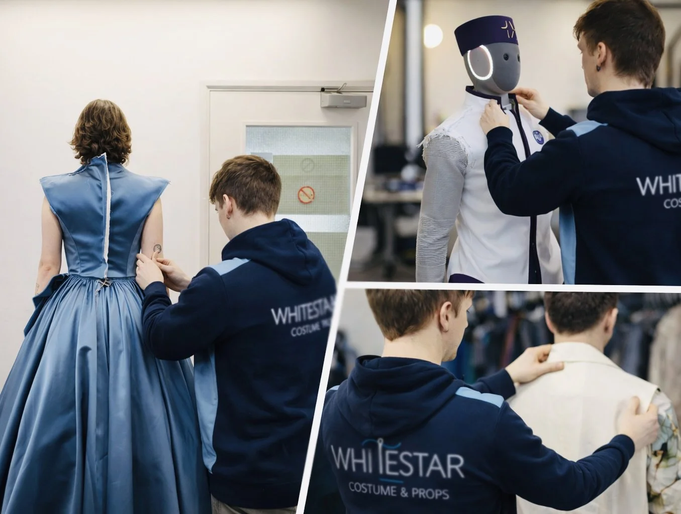 A person adjusting a costume on a mannequin and a person pinning a costume on a model, all in a costume fitting room.