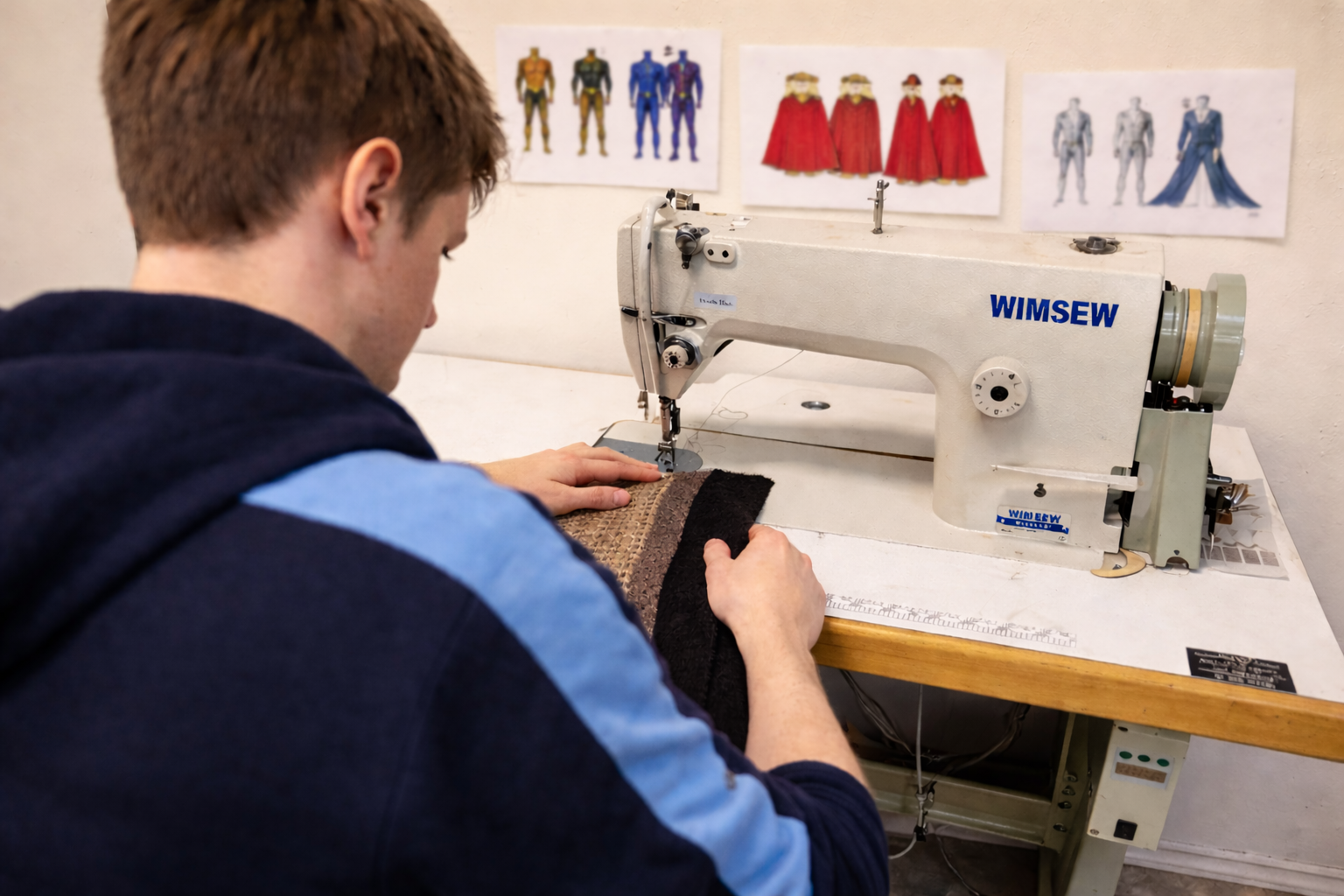 A person sewing fabric on a large industrial sewing machine labeled 'WIMSEW' in a workshop. There are costume sketches of characters in the background on the wall.