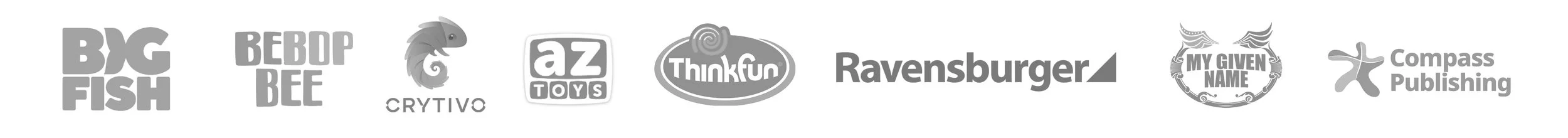 Logos of various companies including Big Fish, Bebop Bee, Crytivo, AZ Toys, Thinkfun, Ravensburger, My Given Name, and Compass Publishing.