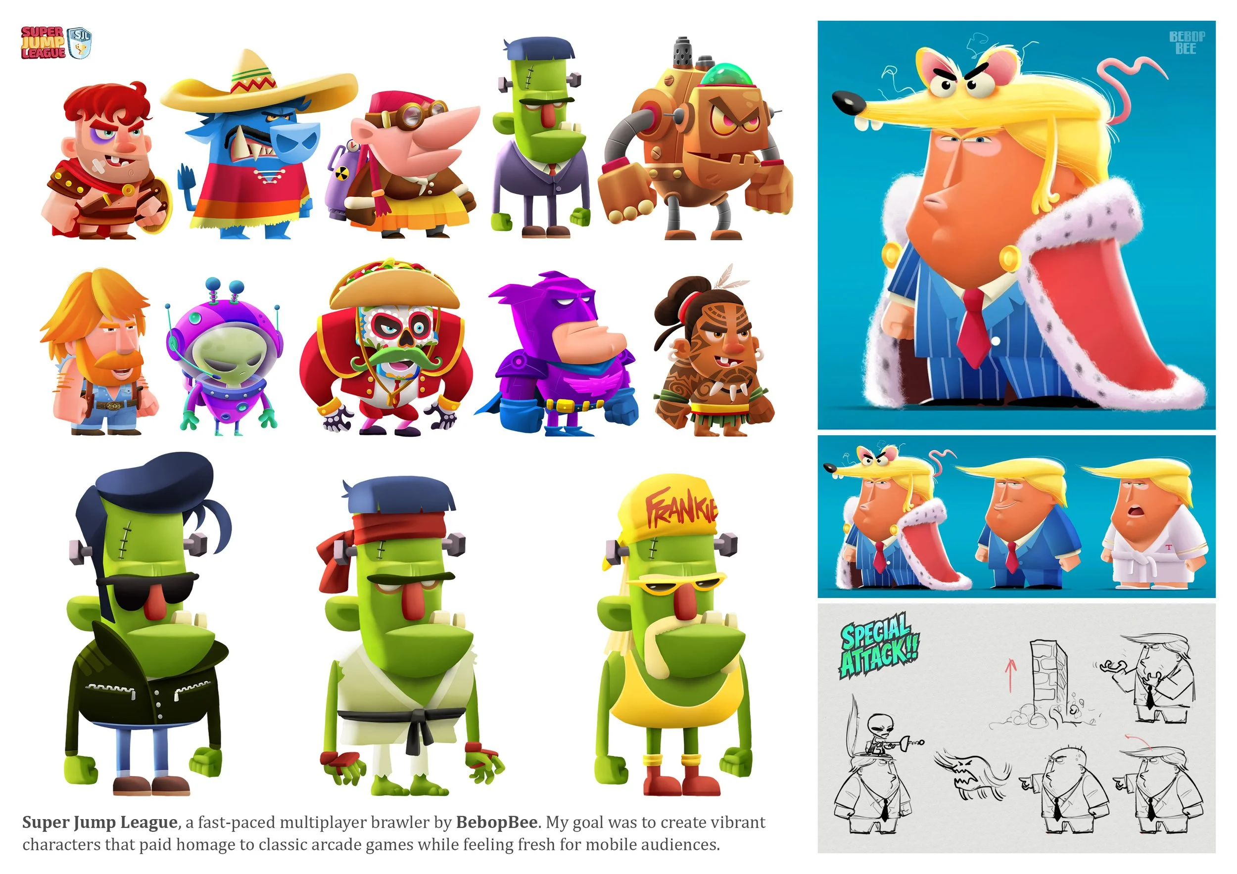 A collection of colorful, stylized characters from the game Super Jump League, including a man with red hair, a blue dog in a sombrero, a pink pig with goggles, a green Frankenstein-like character, a robot, a robot dog, a man with orange hair and bea