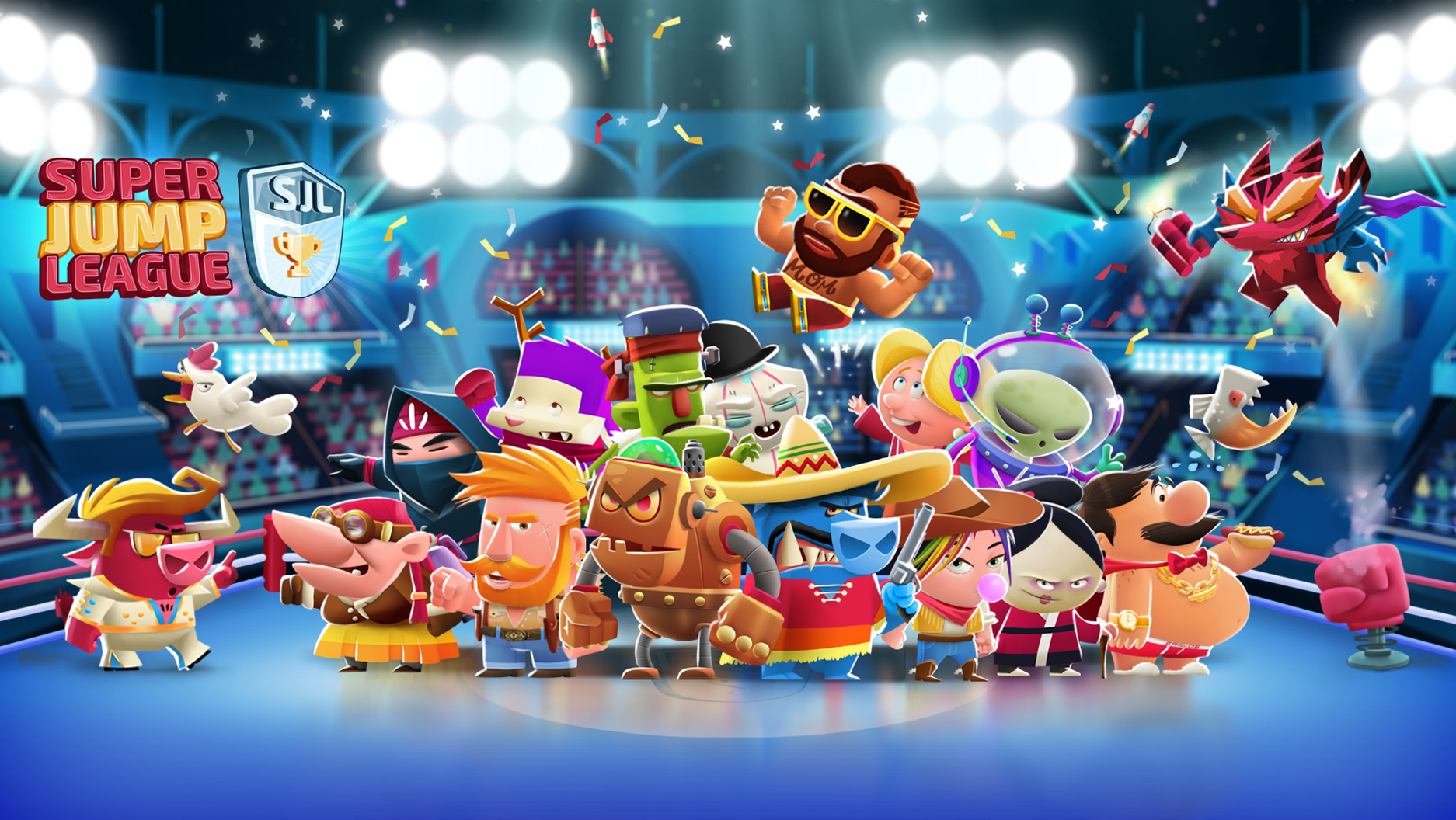 Group of animated characters in a boxing ring with bright lights, featuring a colorful, cartoonish style. The scene includes a logo for 'Super Jump League' and a variety of characters with exaggerated features, costumes, and expressions.
