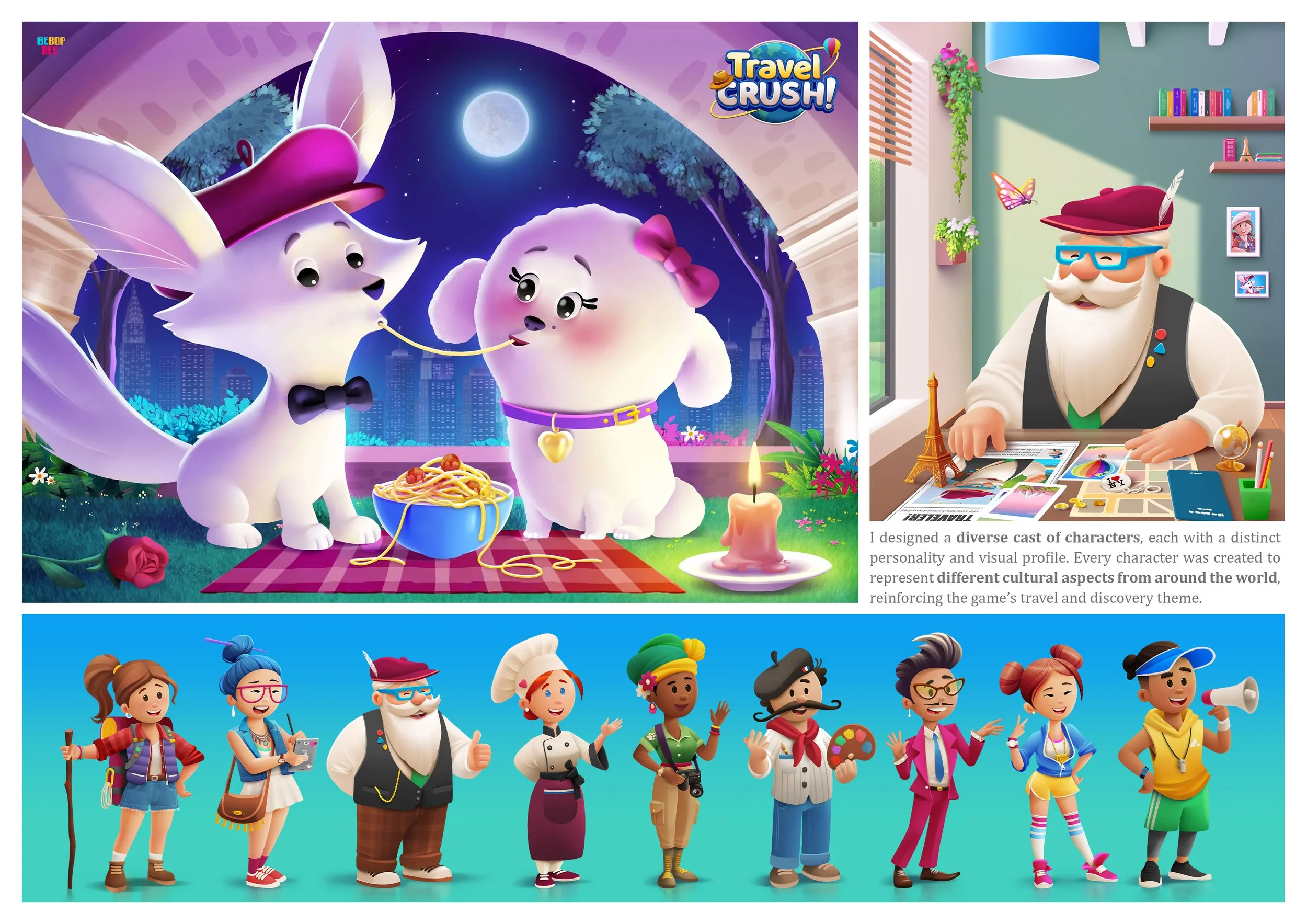 Colorful animated scene featuring two cartoon dogs under a moonlit sky with cityscape in the background, one dog wearing a hat and a bowtie and the other with a bow on its head, standing on a pink and purple checkered blanket with a bowl of spaghetti