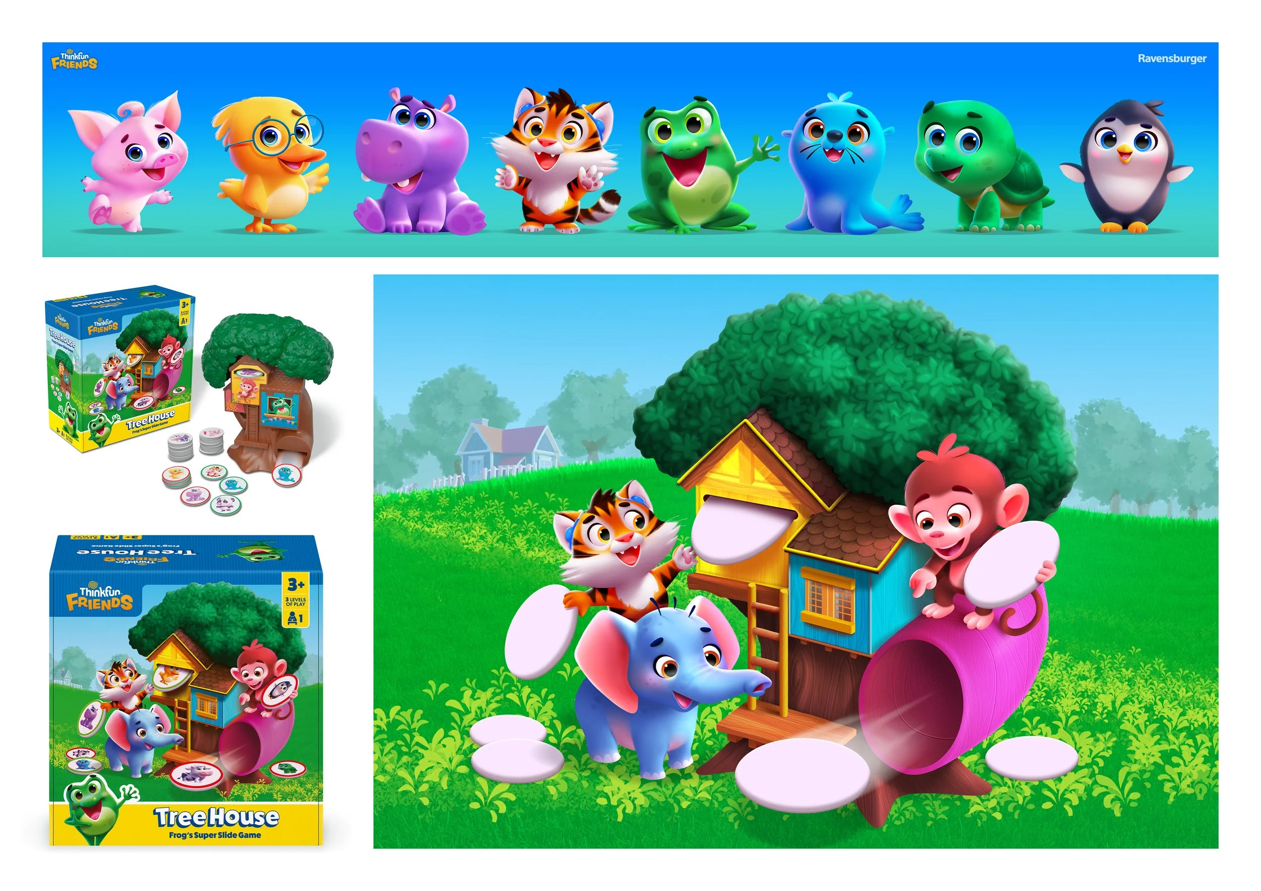The image features a colorful toy set from ThinkFun Friends, called Tree House Frog's Super Slide Game. It includes a tree house play structure with a slide, a pink monkey, a blue elephant, and other character pieces. The scene showcases the toy's pa