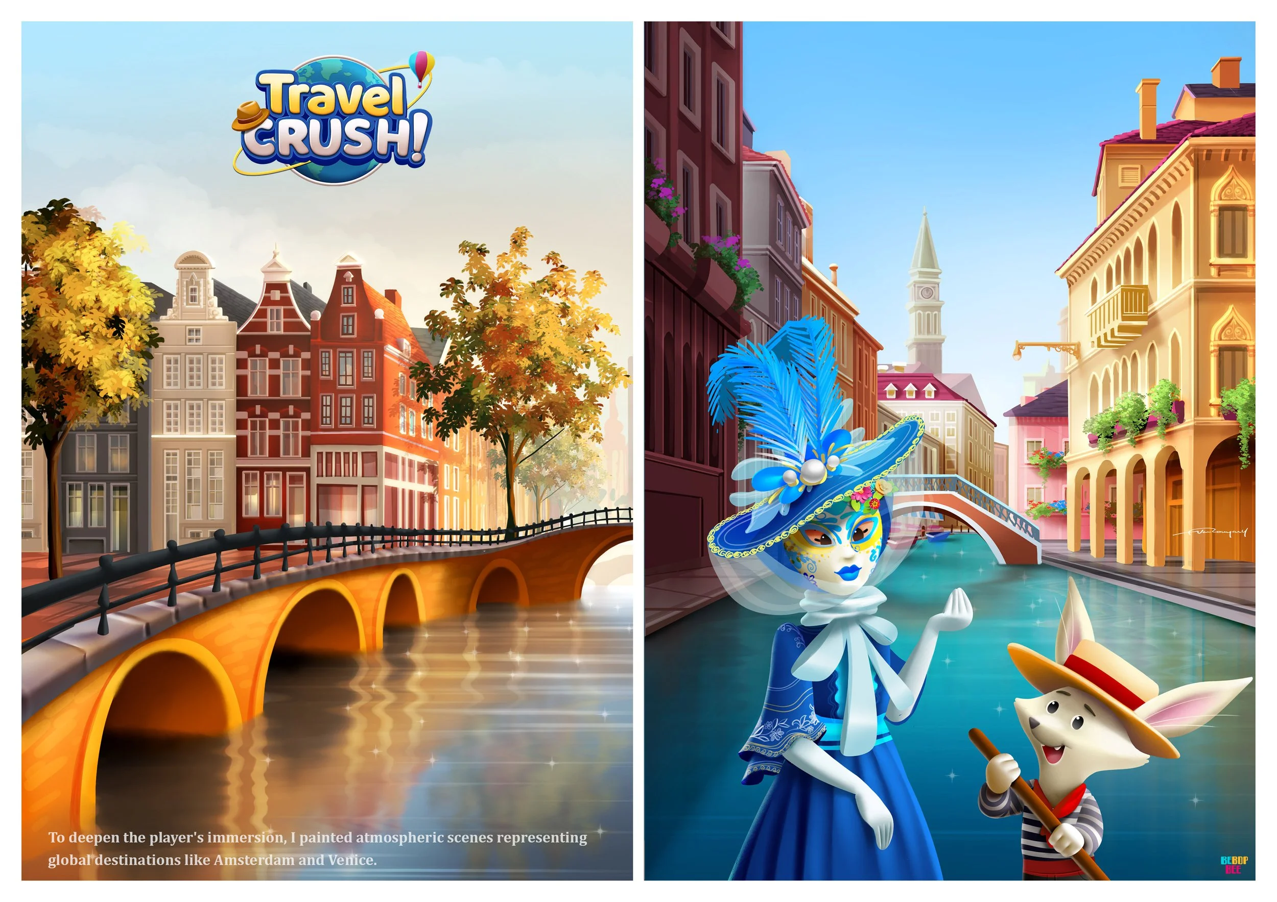 Digital illustration of scenes from Amsterdam and Venice with buildings, waterways, a bridge, and a mask with feathers and a mouse character.
