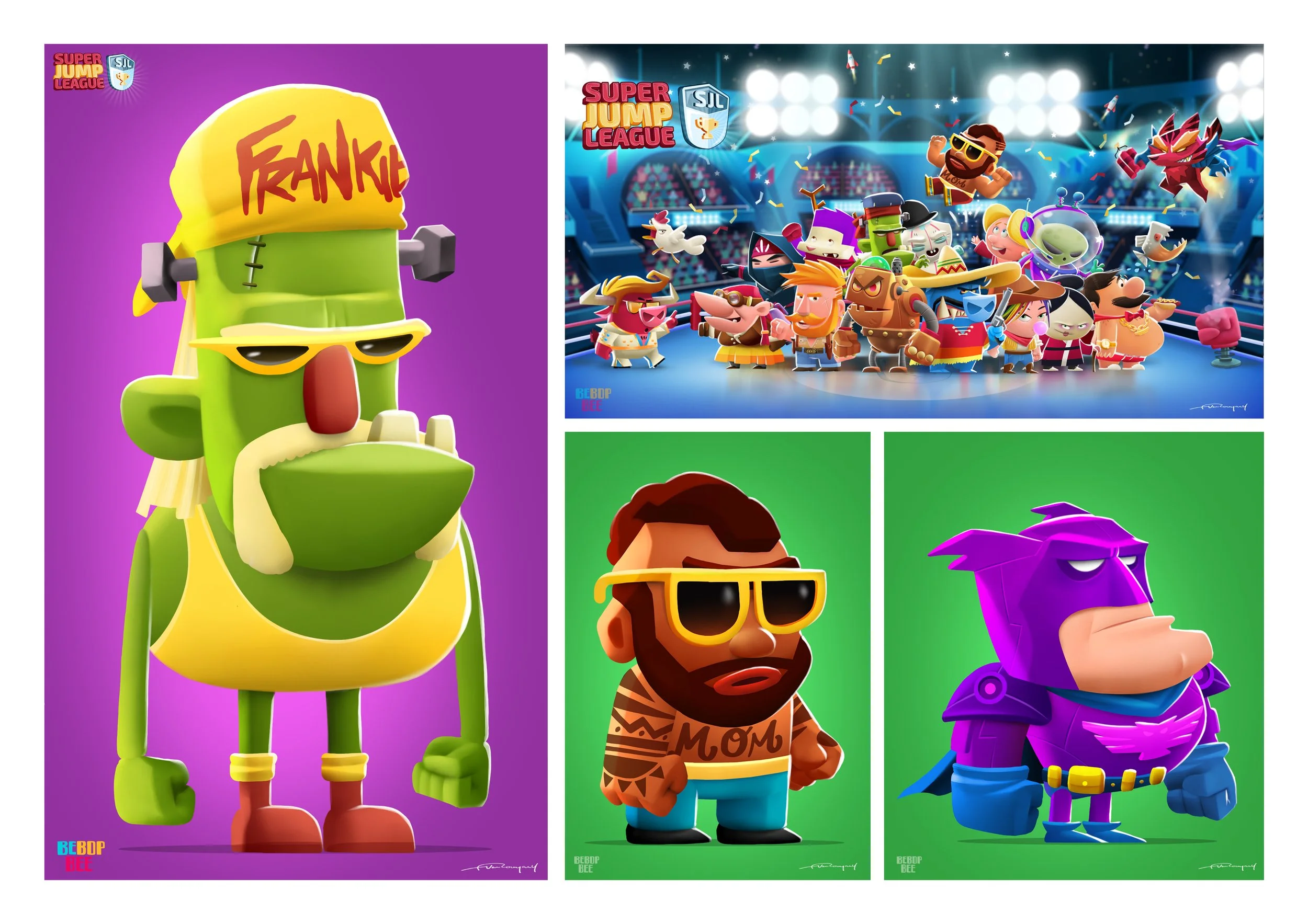 Collage of animated characters and a group of video game characters, including a large green creature with a yellow hat and sunglasses, a group of diverse characters in a racing ring, a bearded man with sunglasses and tattoos, and a purple character 