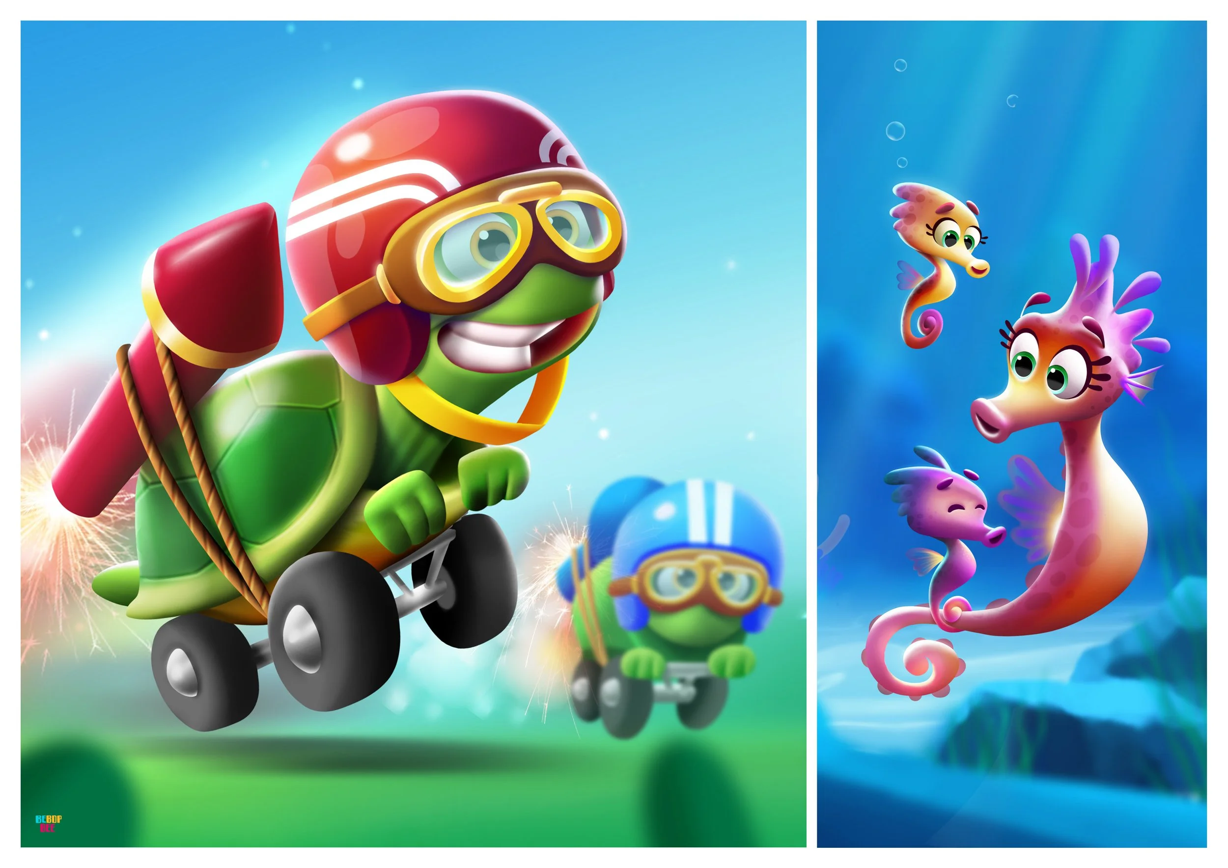 A cartoon turtle wearing a red helmet and goggles, riding a small vehicle with black wheels, surrounded by fireworks in the background.