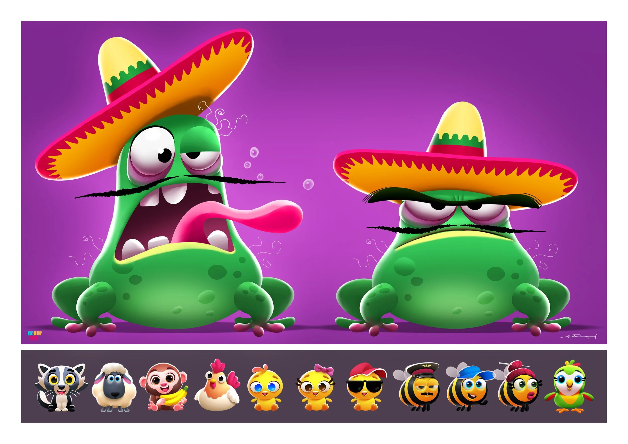 Two cartoon frogs wearing sombreros, one with a tongue sticking out, set against a purple background. Below them is a row of various cute animal characters, including a cat, dog, monkey, chicks, and bees, with playful expressions.
