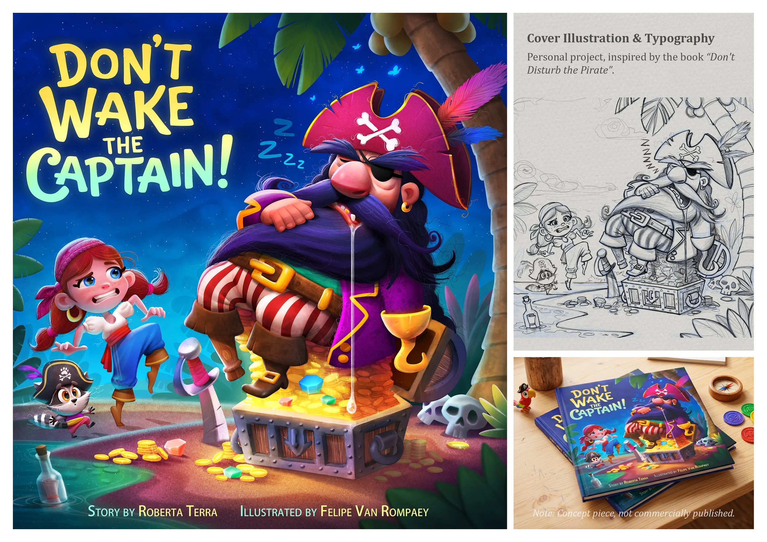 Cover of the book 'Don't Wake the Captain!' featuring cartoon pirate characters on a treasure island with a starry night sky, treasure chest, and scattered coins, along with a black and white sketch and the physical book on a table.