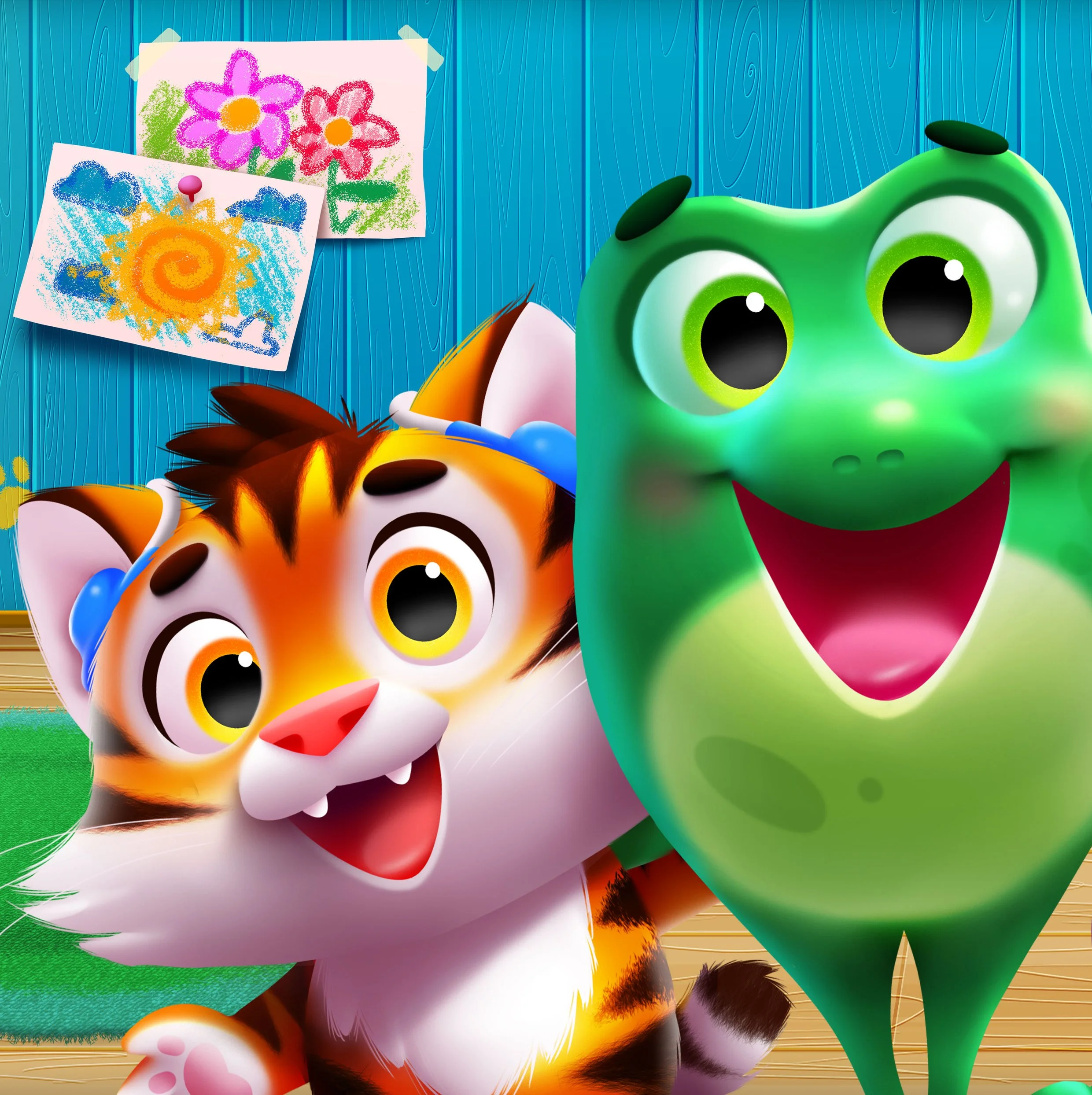 Close-up of Disney-style animated animal characters, including a part of a green frog with big eyes and a red tongue, a white and brown dog, and a colorful bird, with two child's drawings of flowers and sunshine taped to a blue wooden background in the upper left corner.