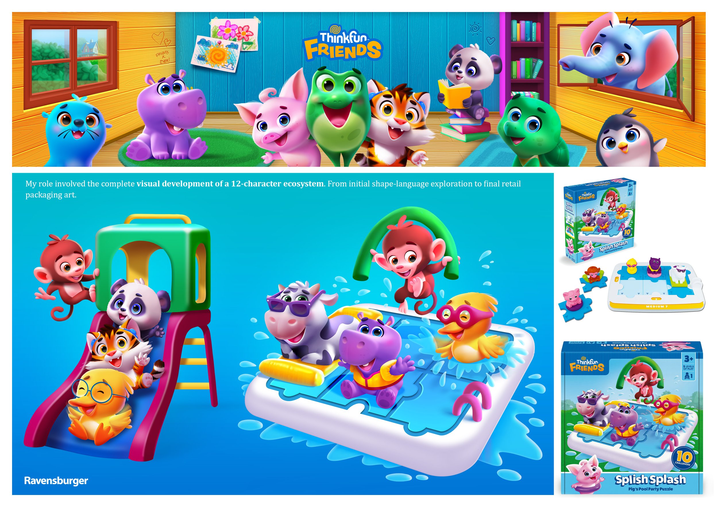 Colorful illustration of animated jungle animal characters at a water park with slides and pool, promoting Thinkfun Friends toys and games.