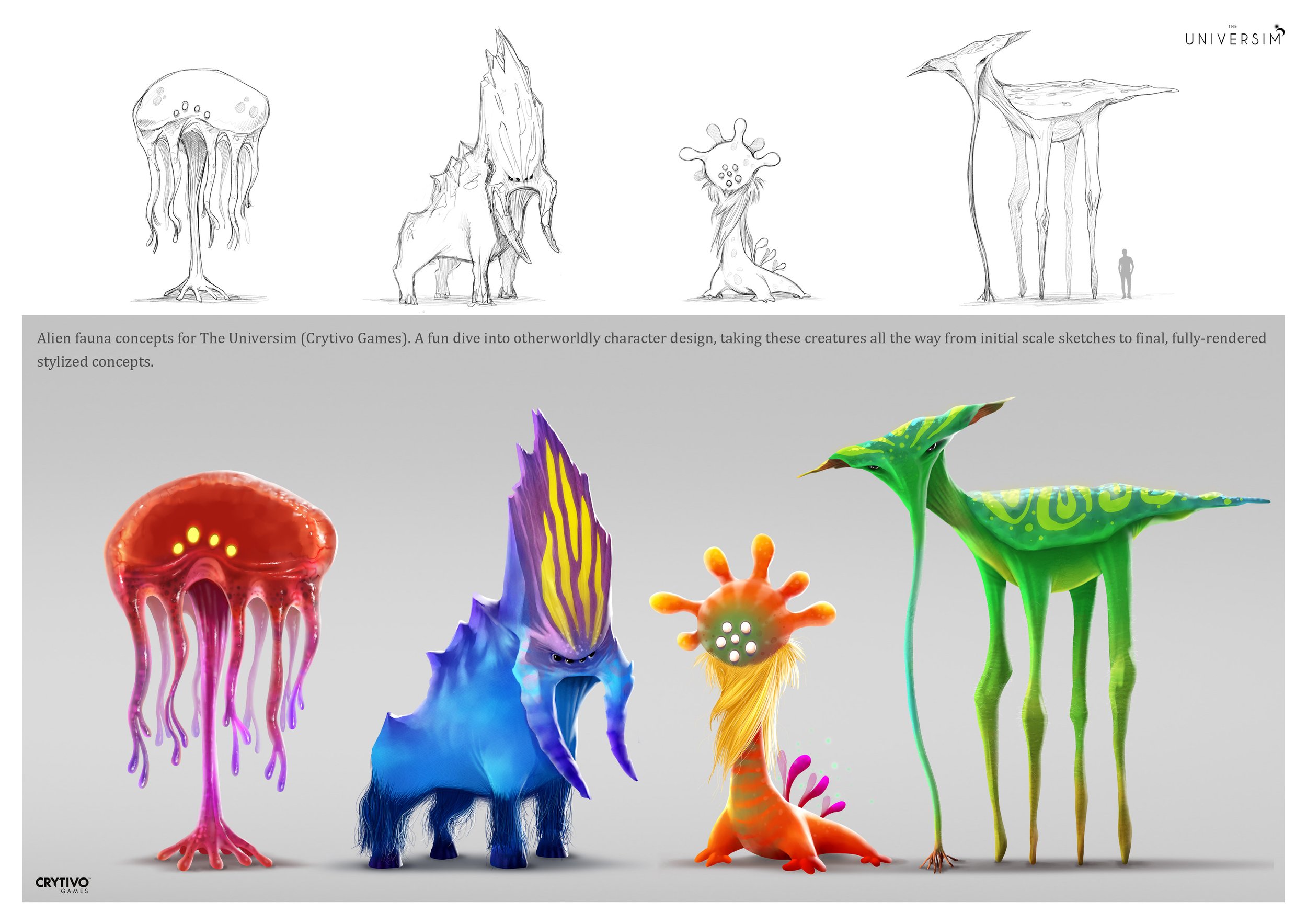 Concept sketches and colorful representations of alien creatures, including a jellyfish-like being, a tall horned creature, a small spiky creature, and a tall, thin creature with a wide, flat head, from a game called The Universim by Crytivo Games.