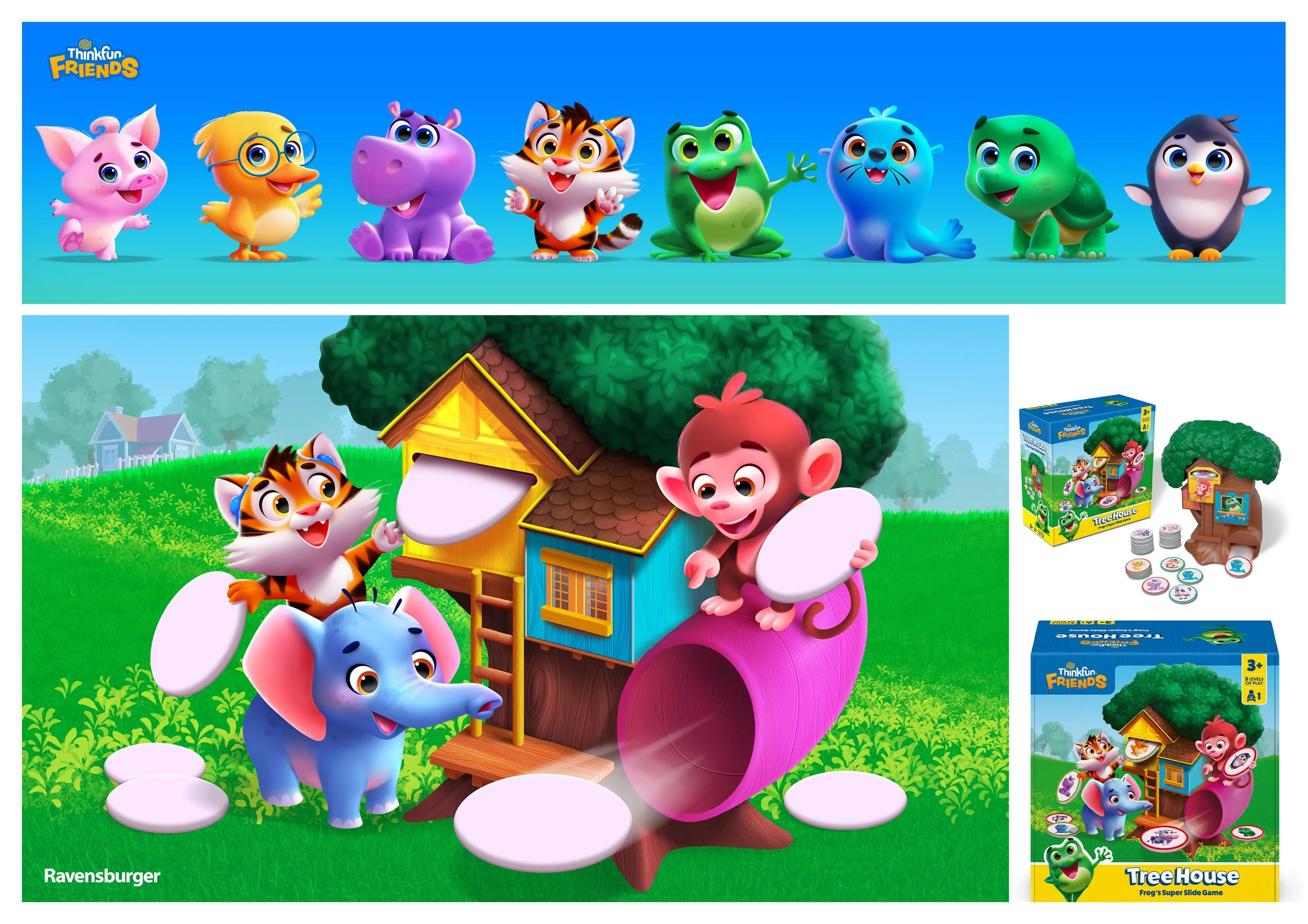 Colorful cartoon characters from Thinkfun Friends and Ravensburger's Tree House game. Characters include a pig, duck, purple hippopotamus, tiger, green frog, blue seal, green turtle, black and white penguin, white calf, blue elephant, pink mouse, and