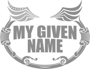 Stylized text reading "My Given Name" with decorative wings and ribbon elements in a monochrome design.