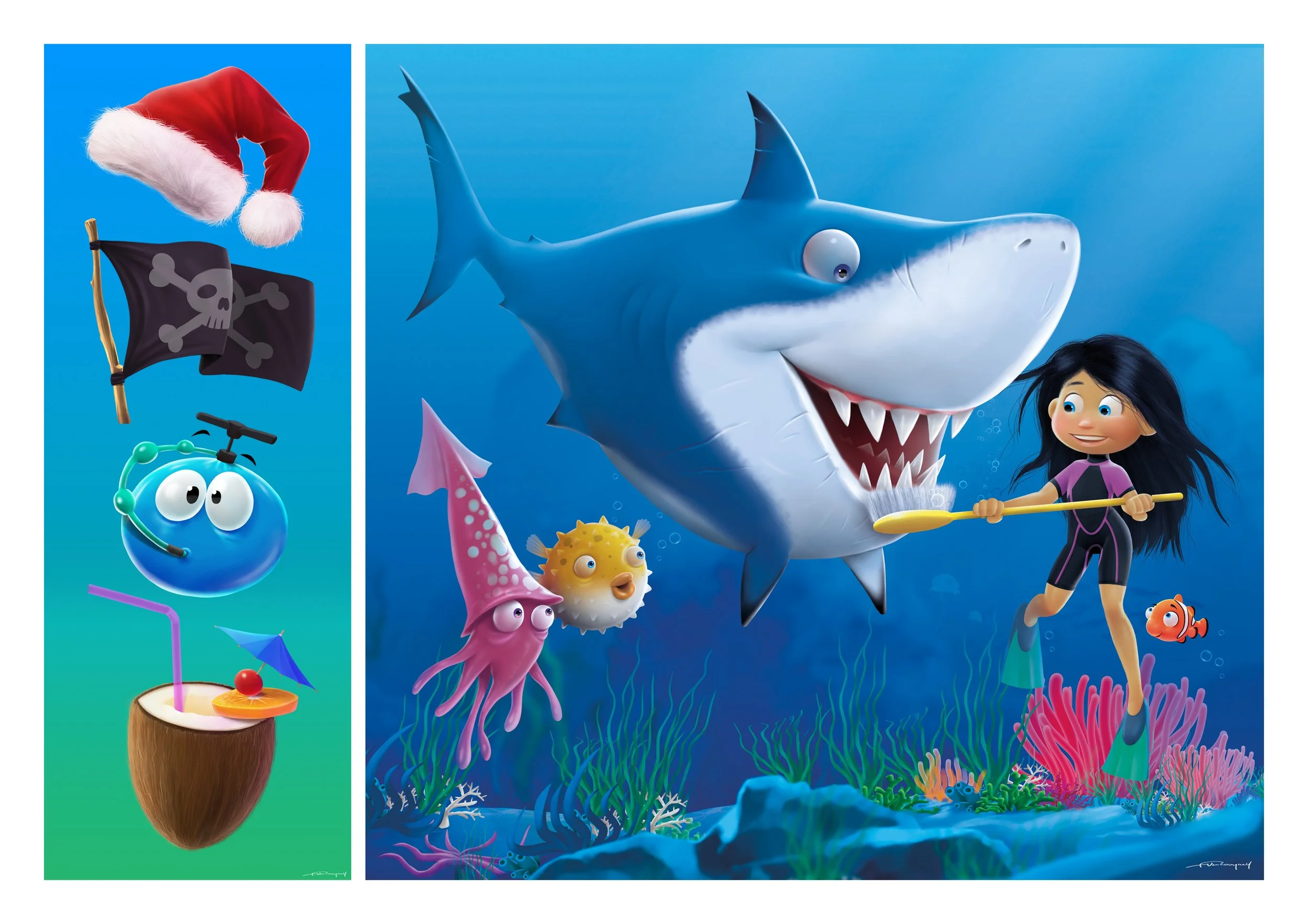 Colorful animated ocean scene featuring a girl with long black hair in a wetsuit holding a yellow spear, a large smiling shark with a friendly expression, a pink squid, a small yellow fish, a clownfish, and aquatic plants.