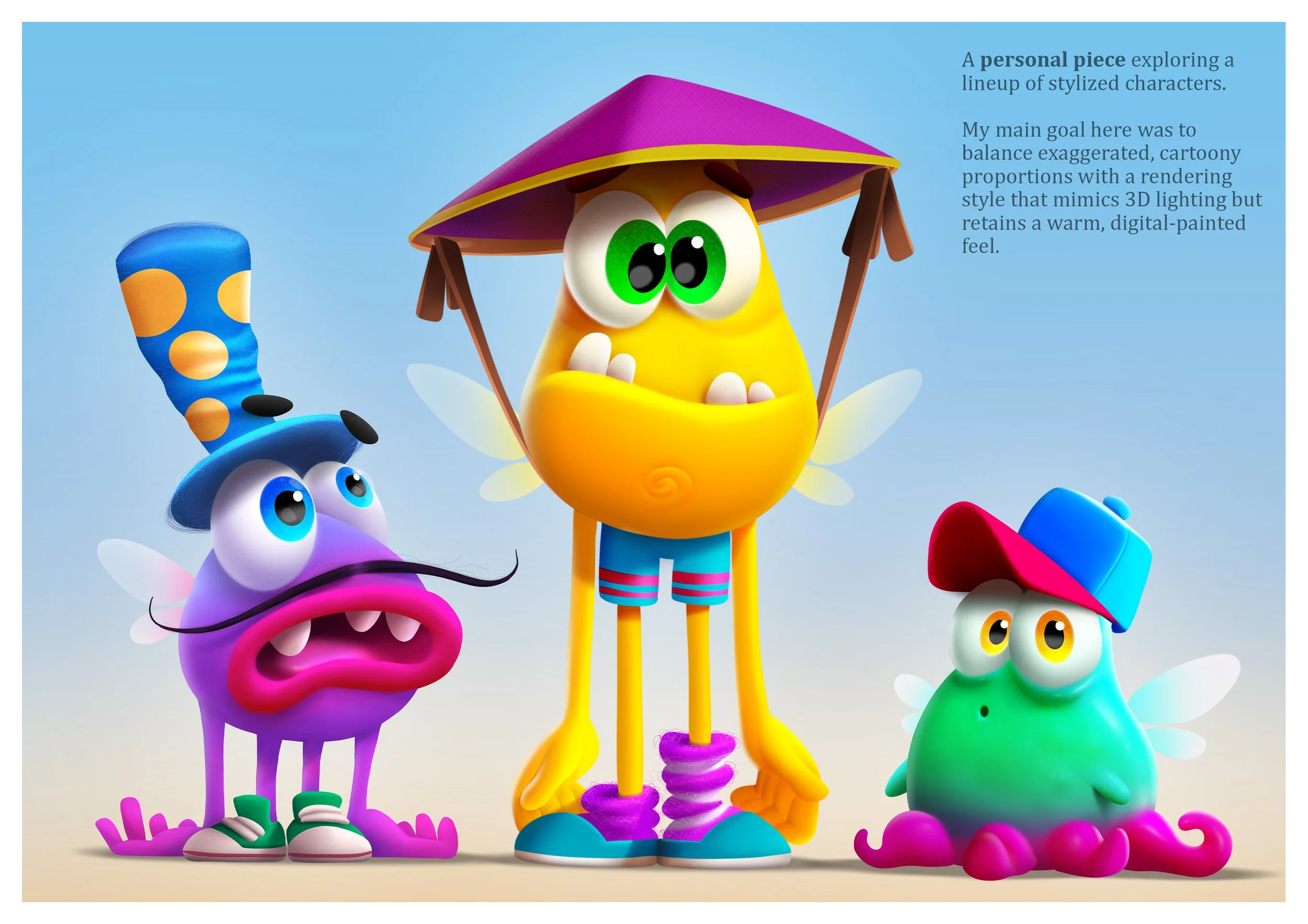Stylized cartoon characters including a yellow insect with large green eyes wearing casual clothes and a hat, surrounded by colorful whimsical creatures with big eyes and exaggerated features, set against a blue background.