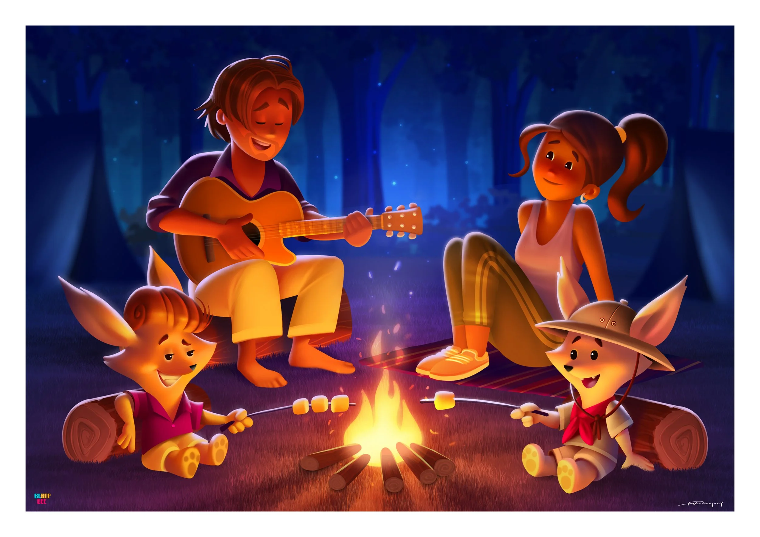 A family of four, including a man, woman, and two children, are sitting around a campfire in the woods at night. The man is playing a guitar, and all are enjoying roasting marshmallows over the fire. The children are sitting on logs, one wearing a ha