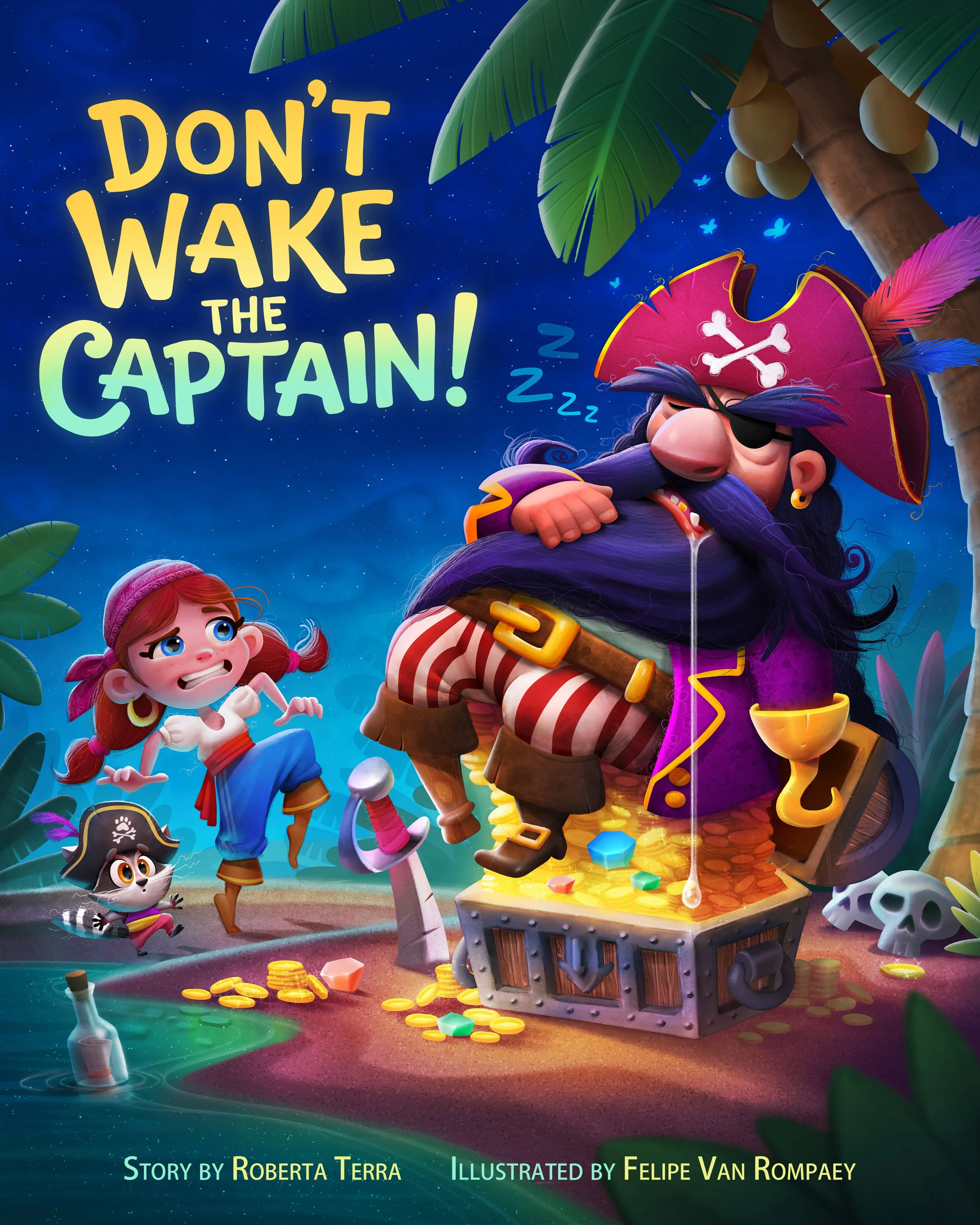 Colorful illustration of a young girl with red hair and glasses, a pirate with an eye patch and pirate hat, and a pirate cat, gathered around a treasure chest overflowing with gold coins, jewels, and pirate paraphernalia on a tropical island at night