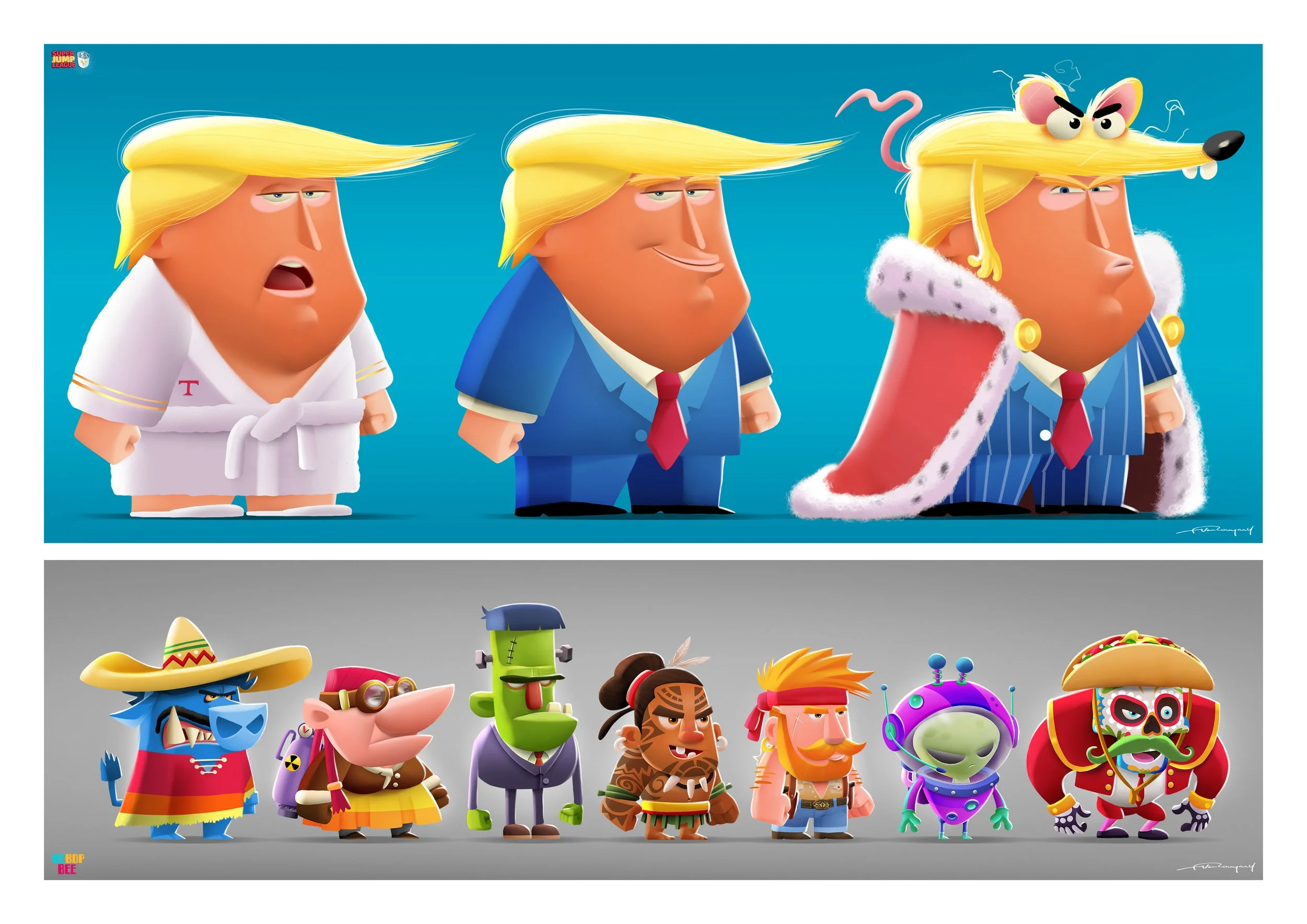 Cartoon characters resembling Donald Trump in various costumes and styles, including a white karate gi, a business suit, and a superhero or villain with his dog and a flock of diverse colorful, whimsical characters with exaggerated features.