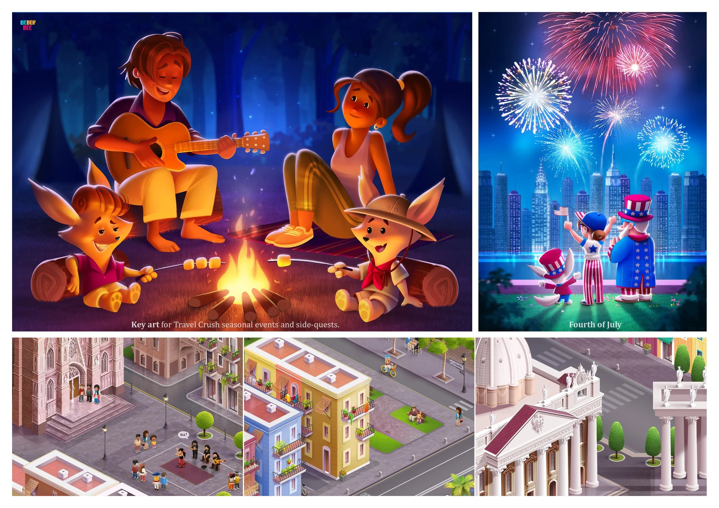 Left side shows a nighttime scene with two children, a man, and a dog sitting around a campfire, with a man playing guitar and a girl listening. Right side depicts a cityscape at night with fireworks in the sky, and children dressed in patriotic cost