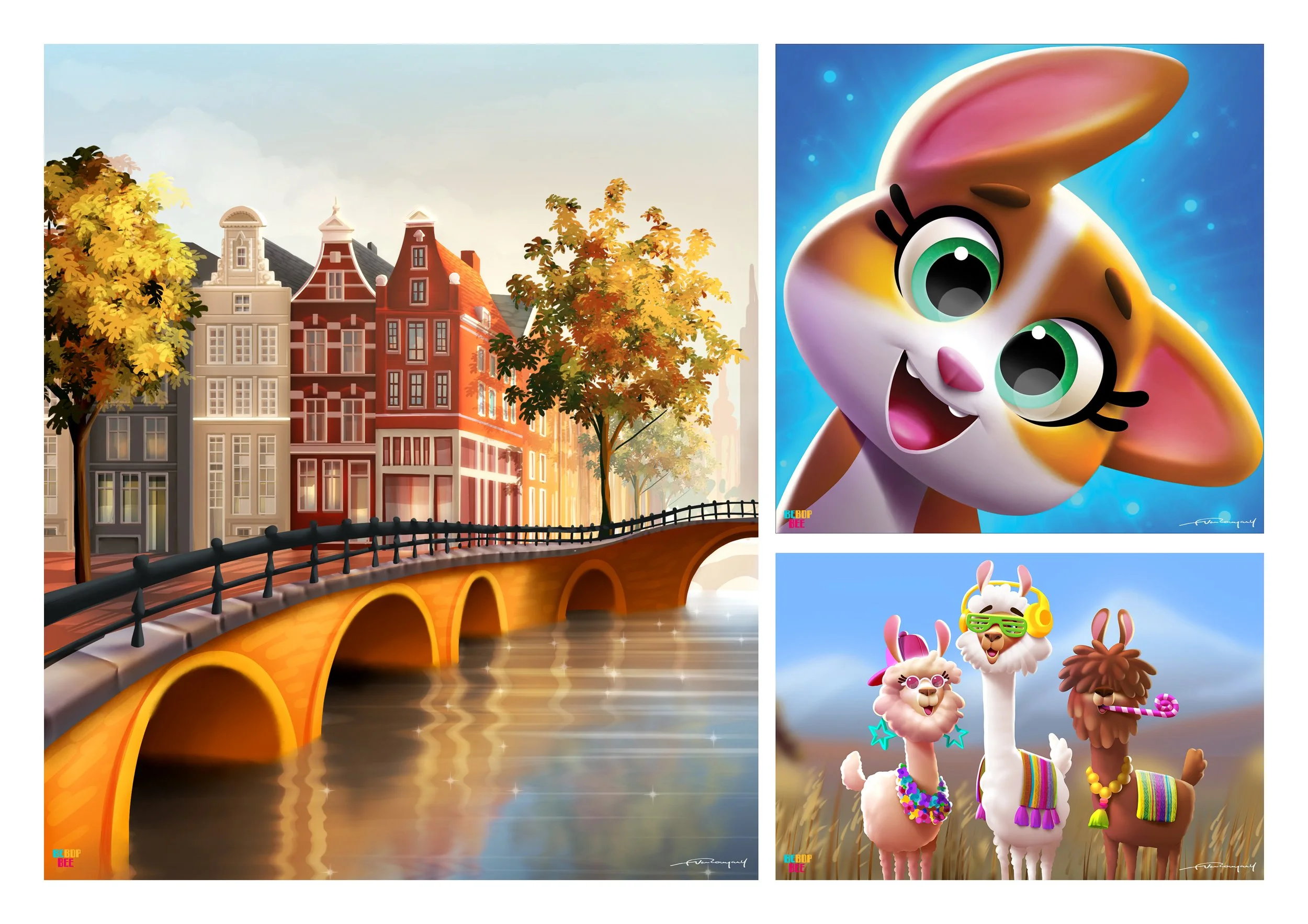 A collage of three colorful illustrations. The left image depicts a cityscape with a river, European-style buildings, fall trees, and a bridge reflected in the water. The top right image features a cartoon bunny with large green eyes, pink inside its