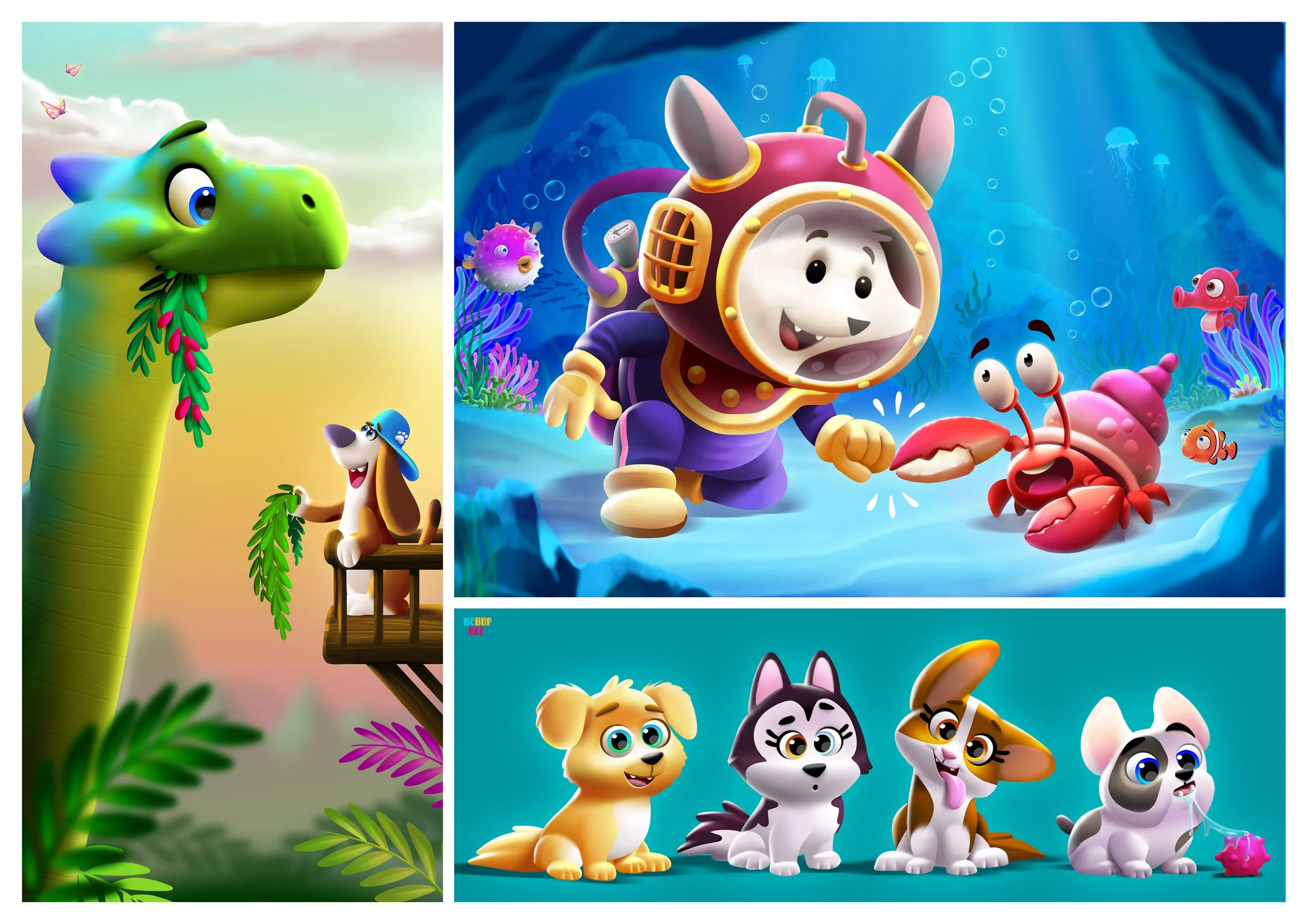 A collage of animated characters including a green dinosaur, a dog, a rabbit in a space suit, a red crab, a yellow puppy, a black and white cat, a tiger, and other animals in a colorful, cartoon-style setting.