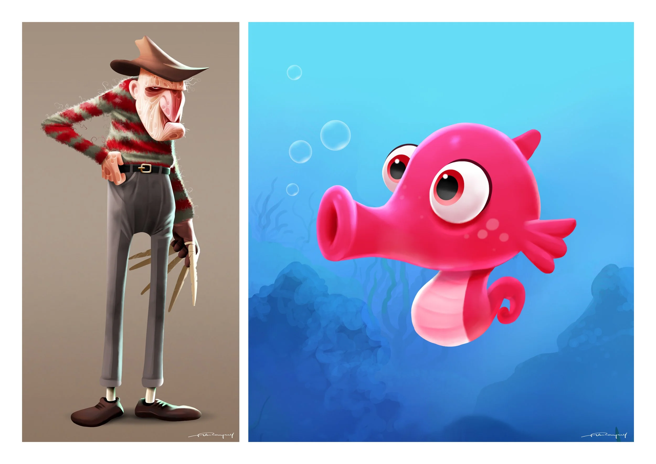 A digital illustration of a grumpy, hunched old man with a pig-like nose, wearing a cowboy hat, red and white striped sweater, gray pants, and brown shoes, holding a three-pronged fork, next to a colorful cartoon pink seahorse with large eyes in an u