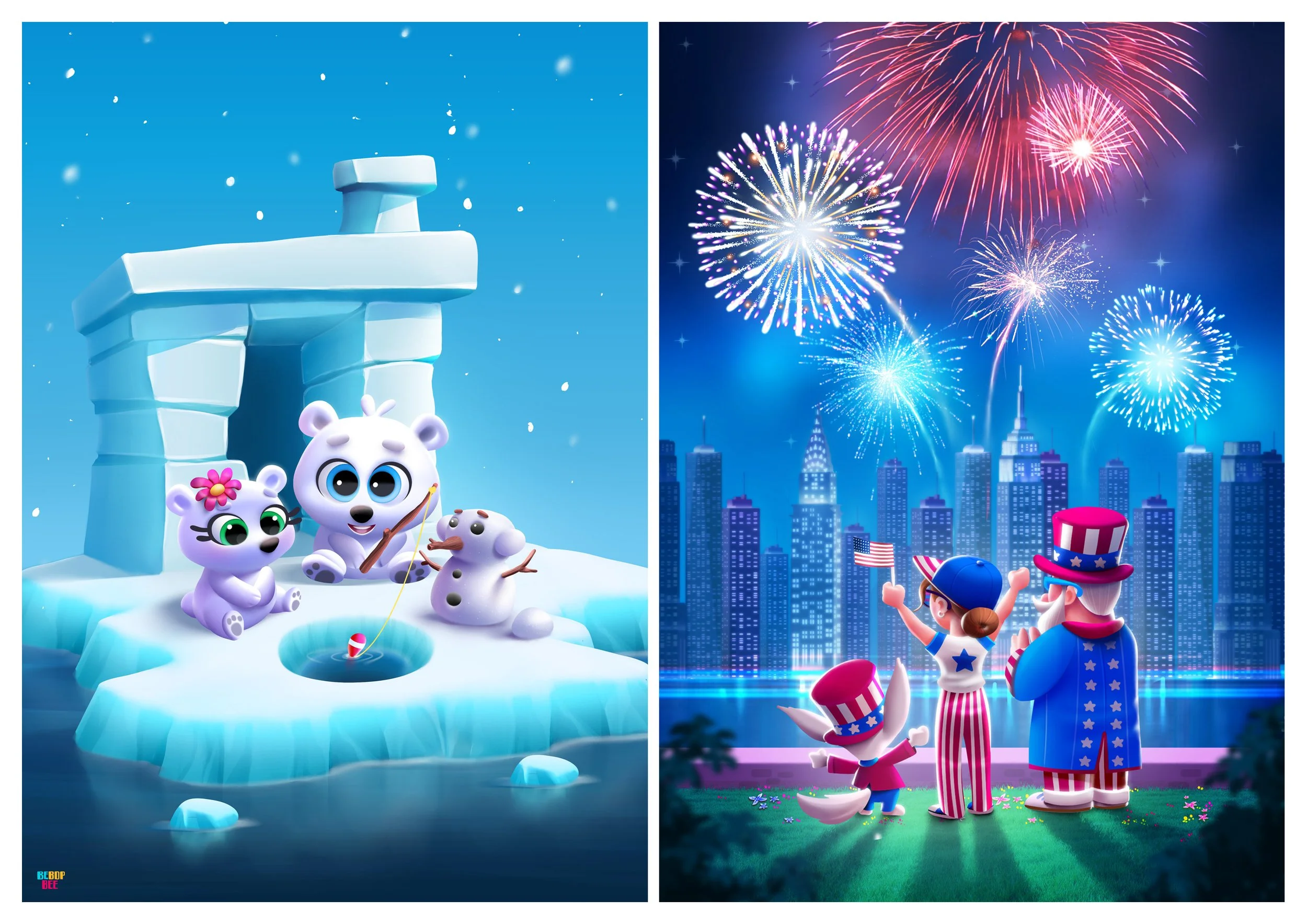 Two scenes celebrating Independence Day: the first scene shows animated animals fishing on an icy landscape with snow, whale, and polar bears, in front of a Bigfoot statue; the second scene shows children wearing patriotic clothing watching fireworks