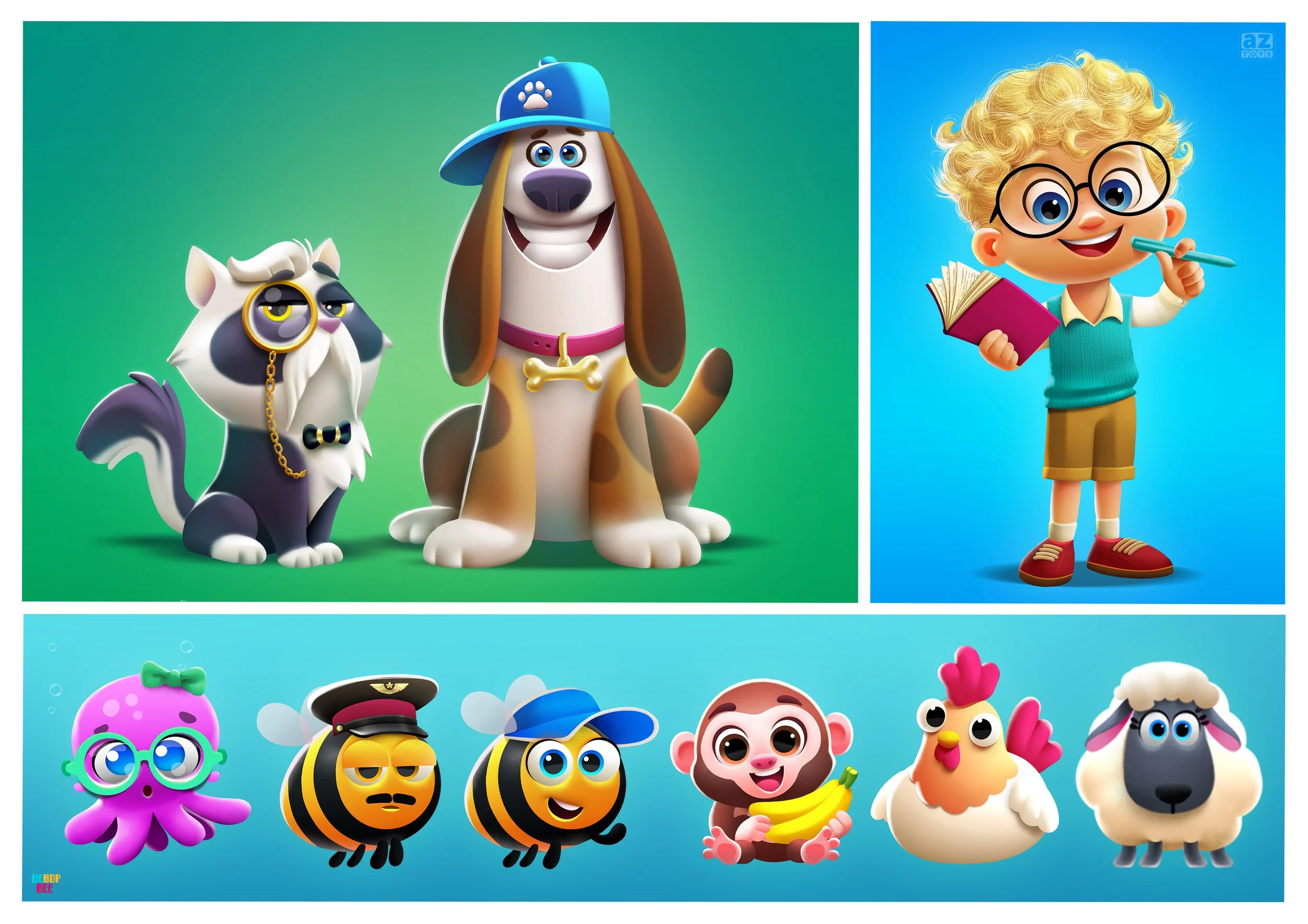 A colorful collage of cartoon characters, including animals and children, with a green background. The top left features three animals, a dog with a blue cap, a cat with glasses, and a large dog with a bone necklace. The top right shows a boy with cu