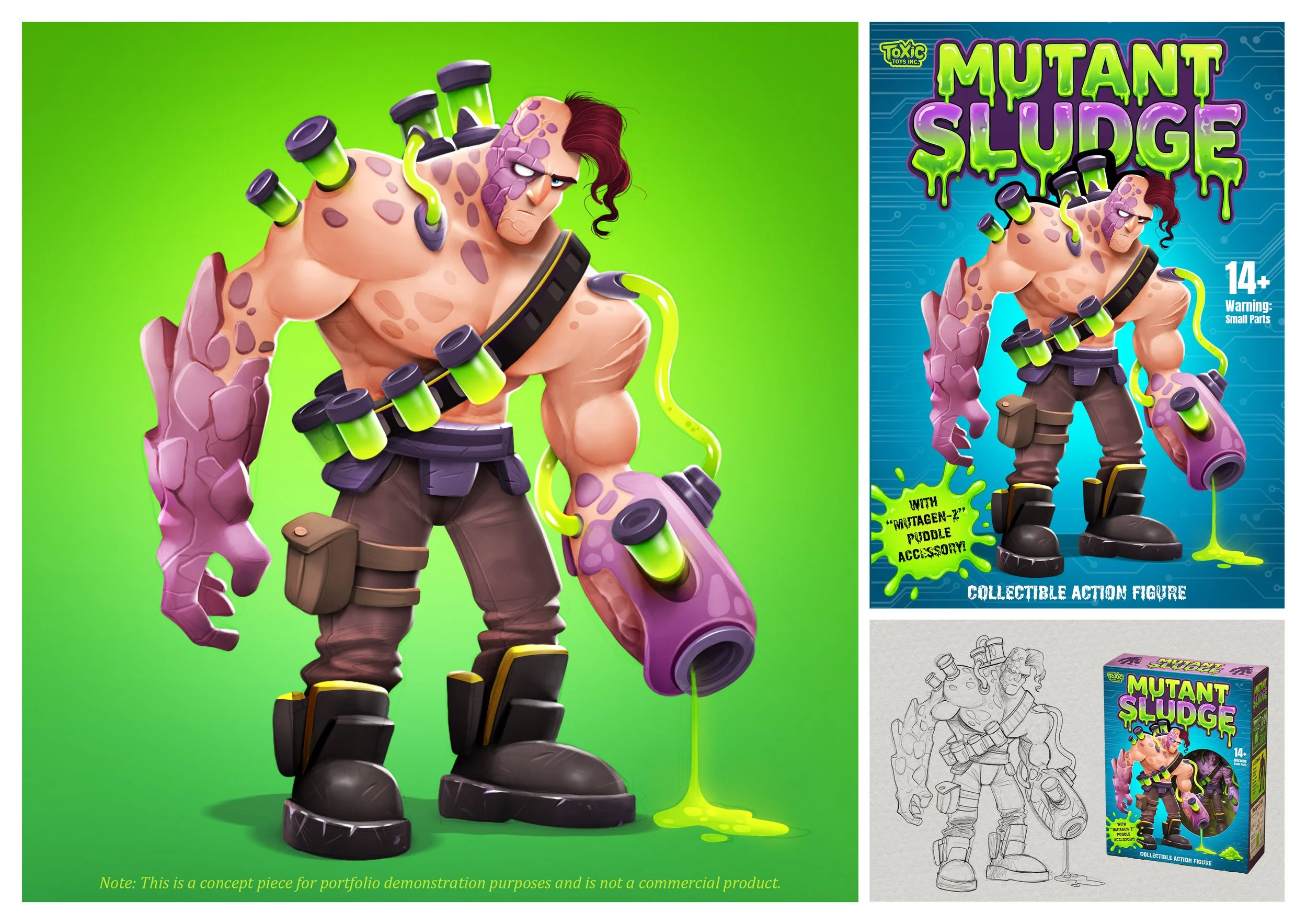 Action figure of a large, muscular mutant creature with purple and pink skin, multiple green slime-filled test tubes attached to its body, and a menacing expression. The background is bright green, and the figure is depicted in a pose suggesting stre