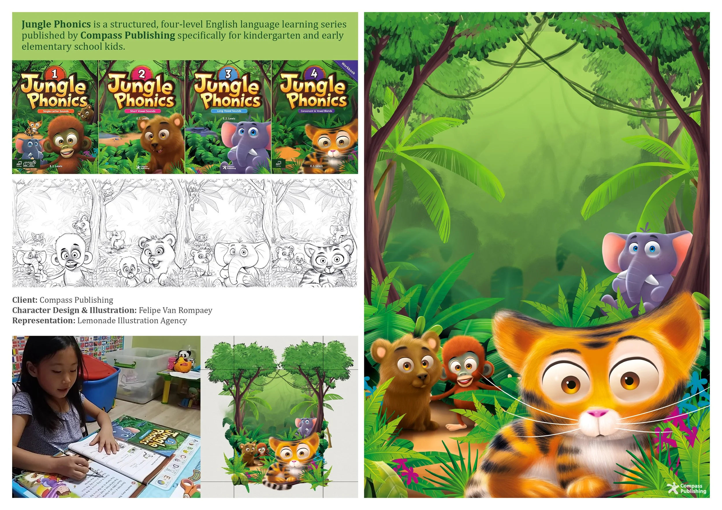 Educational material featuring a jungle scene with animated animals and a description of a series called Jungle Phonics, including books about sounds and consonant-vowel blends. The scene shows lush green trees and a close-up of a cartoon tiger, with