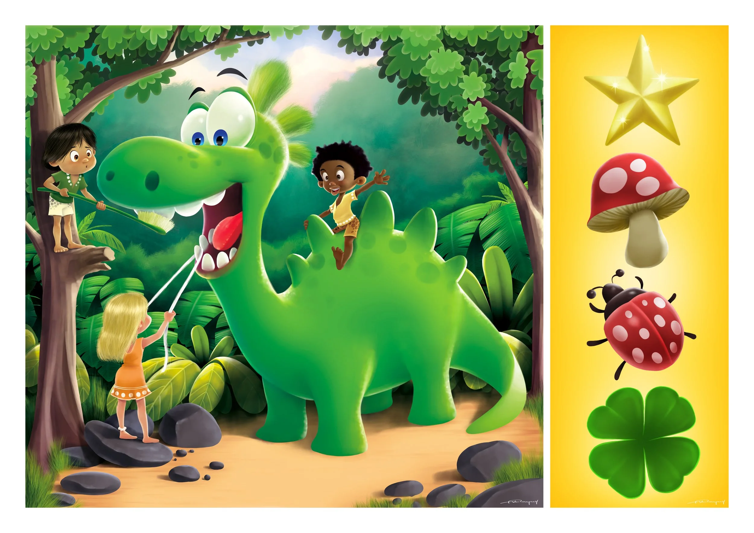 Children and a girl interact with a friendly, cartoon-style green dinosaur in a lush forest, with one child perched on its back and another holding its nose. On the right, various colorful, cartoon-style forest elements are displayed, including a yel