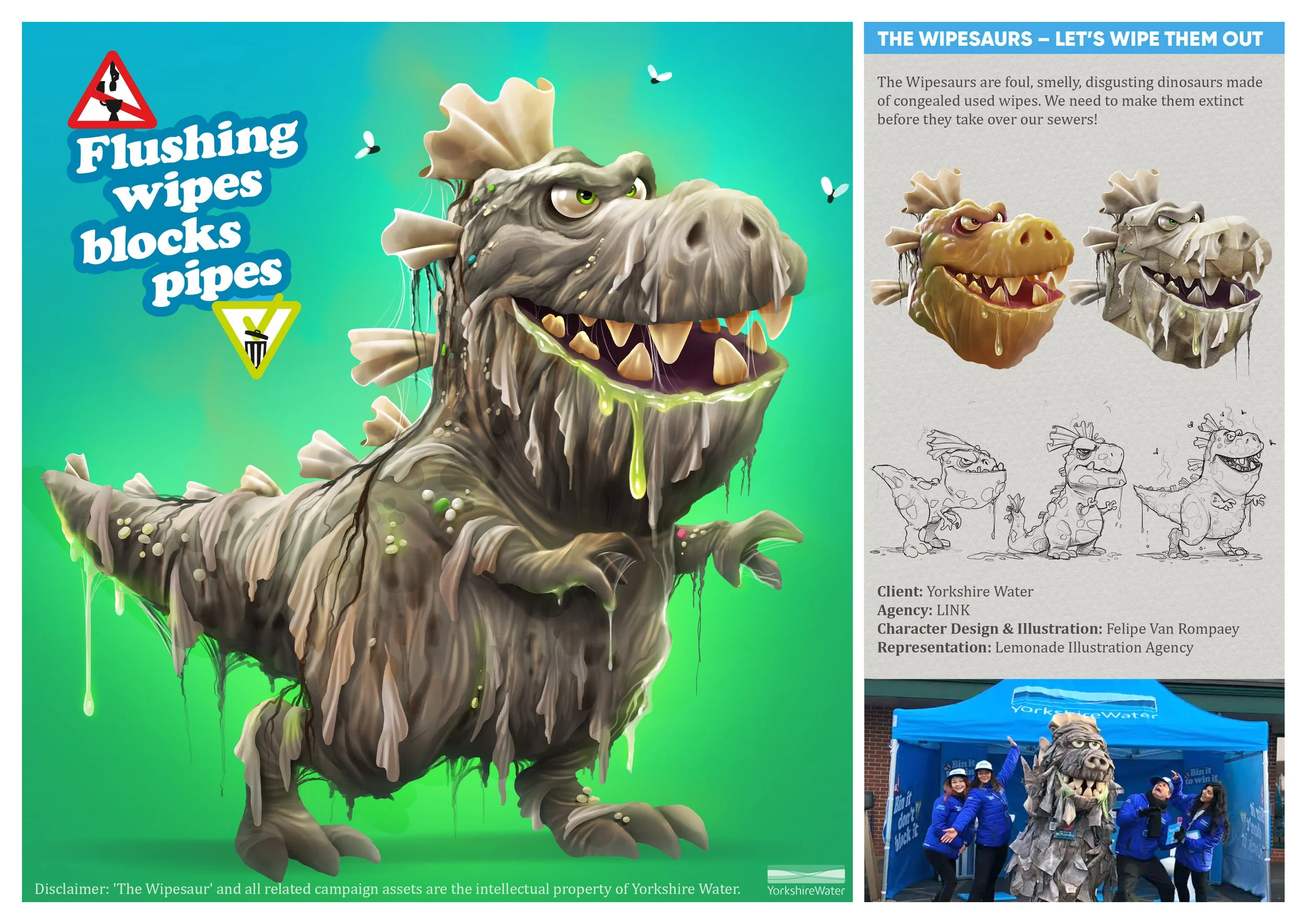 Cartoon dinosaur with a large head, sharp teeth, and a drooling mouth, made of used wipes, promoting environmental awareness against using congealed wipes that clog sewer pipes.