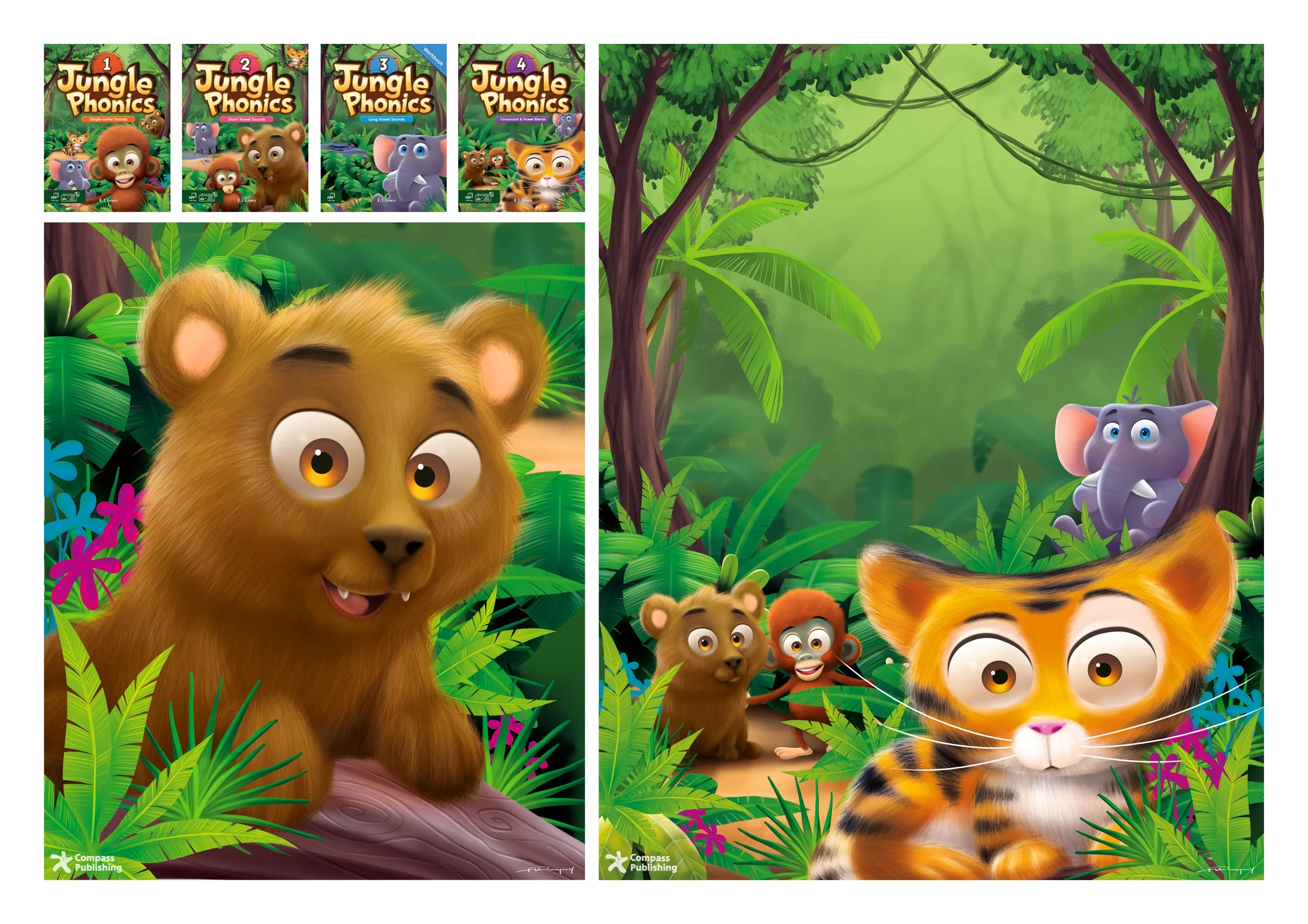 Colorful jungle scene with cartoon animals including a lion, tiger, monkey, elephant, and a small cat, surrounded by lush green foliage and trees.
