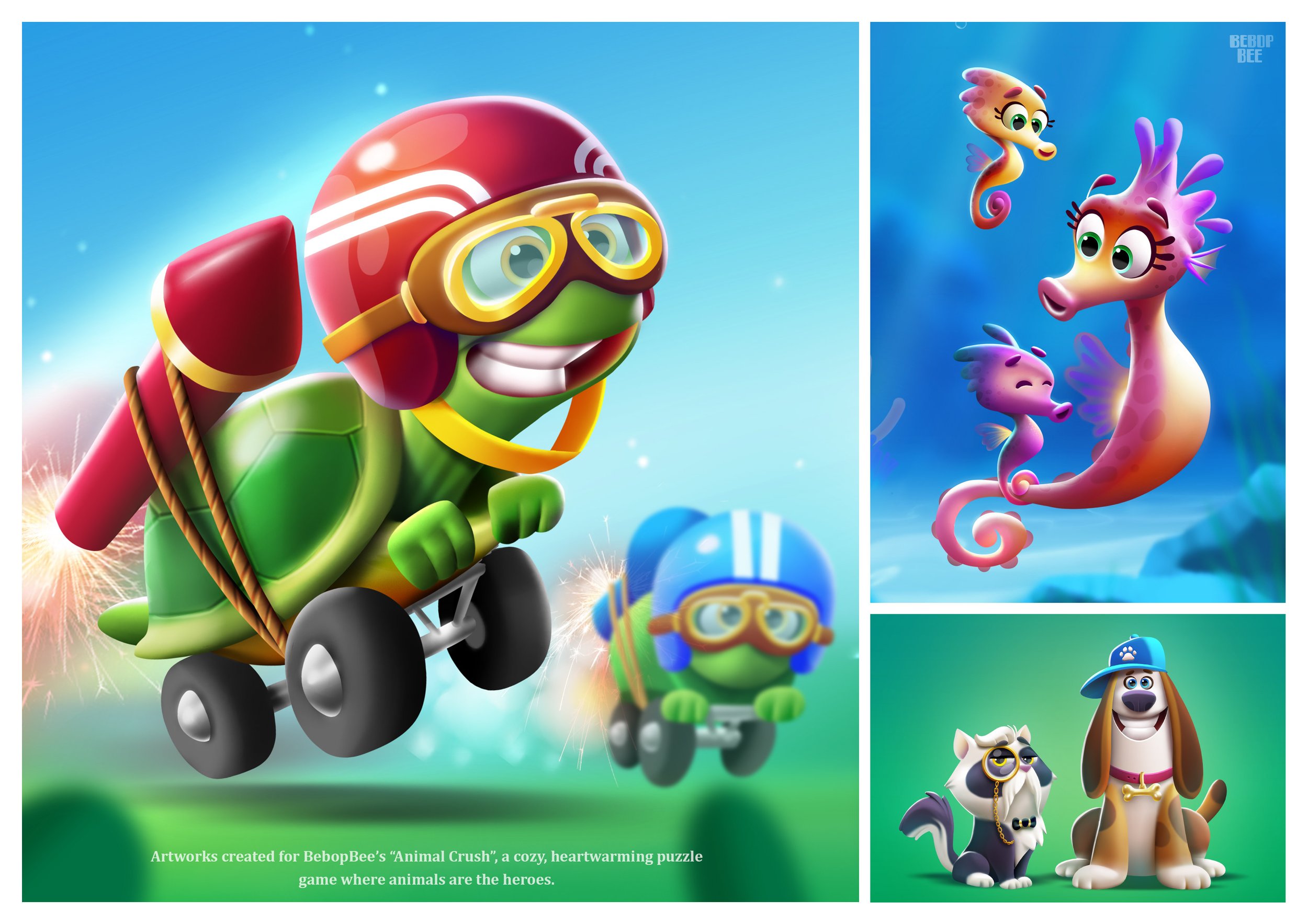 Colorful cartoon animals from 'Animal Crush' game, including turtles with glasses and rockets on a beach, seahorses, and dogs with goggles, in a playful scene.