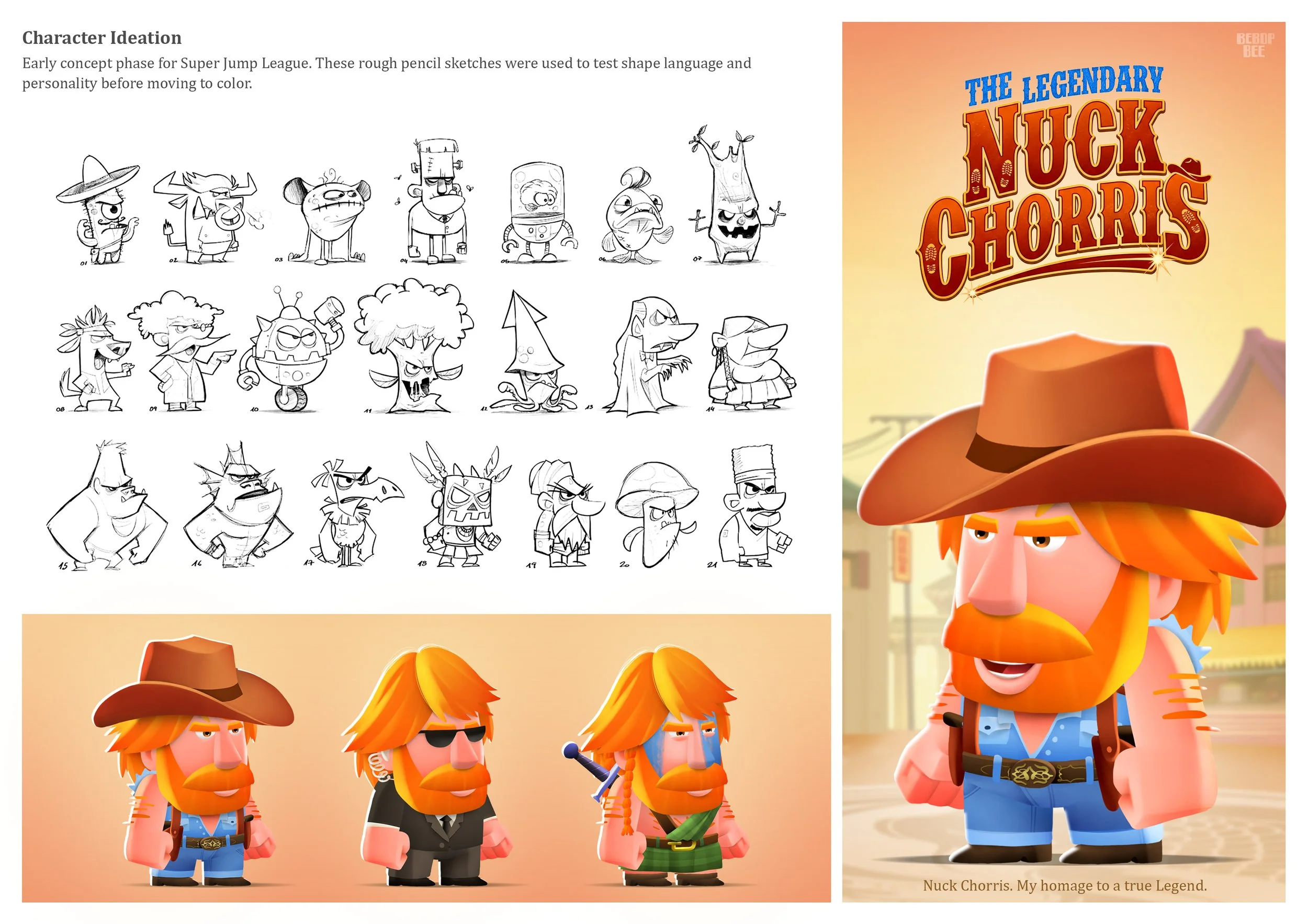 Black and white character sketches and 3D colored character models of Nuck Chorris from the game 'Super Jump League,' including various costumes and expressions.